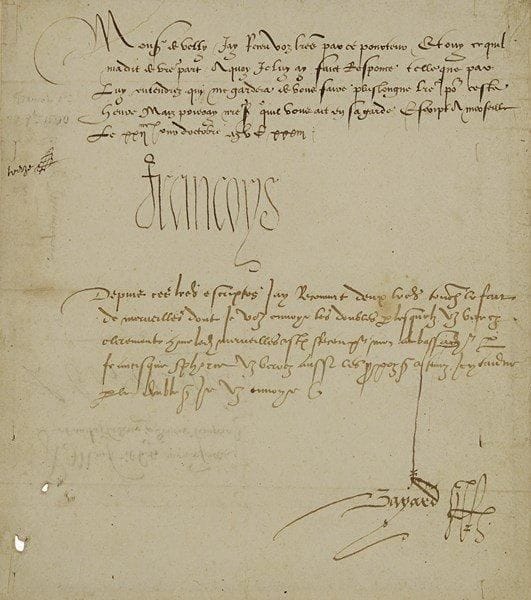 FRANÇOIS Ier (1494-1547). L.S., avec apostille autographe signée de son secrétaire Gilbert Bayard, Marseille 22 octobre 1533, à Claude Dodieu, seigneur de Vély, « ambassadeur par devers lempereur » (Charles-Quint) ; 1 page in-4, adresse.Il a reçu sa lettre par un porteur à qui il a donné sa réponse « telle que par luy entrendrez, qui me gardera de vous faire plus longue lettre ». Bayard ajoute de sa main, au nom du Roi : « Jay recouvert deux lettres touchant le fait de Merveilles dont je vous envoye les doubles par lesquelz vous verrez clerement que ledit Merveilles estoit receu pour mon ambassadeur par francisque Sphorce »… [Il s’agit de l’écuyer Maraviglia (Merveilles) au service du Roi de France, exécuté à Milan par les gens du duc Francesco Sforza. François Ier déclara que Merveilles était son ambassadeur, ce que refusait de croire l’Empereur, et qu’il avait été gravement insulté ; Vély est donc chargé de persuader Charles-Quint.]
