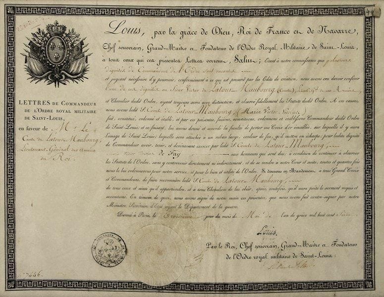 Victor de Fay, marquis de LA TOUR-MAUBOURG (1768-1850) général. 8 L.S. ou P.S. le concernant, et une L.A.S. de lui ; la plupart 1 page in-fol. (7 encadrées).Bel ensemble sur la carrière de ce général, qui fut ministre et gouverneur des Invalides. Louis XVI. L.S. (secrétaire), contresignée par le maréchal de Ségur et le prince de Condé, Versailles 15 juillet 1782, au comte de Chastellux, annonçant la nomination de Victor de Faÿ, chevalier de La Tour-Maubourg à la charge de troisième sous-lieutenant à pied en la première compagnie du Régiment d’infanterie de Beaujolais. Alexandre Berthier. 3 P.S. 22 nivose VIII (12 janvier 1800), ordre au citoyen Victor Latour-Maubourg, chef de brigade, de se rendre à Brest pour embarquer pour l’Égypte (belle vignette de Challiot gravée par Godefroy) ; Munich 30 juillet 1806 : lettres de service pour le général de brigade Latour-Maubourg « à la seconde division de Grosse Cavalerie de la Grande Armée » (vignette aux armes impériales) ; Pultusk 31 décembre 1806 : lettres de service pour le général de brigade Latour-Maubourg au « Commandement de la brigade de cavalerie légère en remplacement du général Lasalle » (vignette aux armes impériales). Guillaume Clarke, duc de Feltre. 2 P.S. (vignettes aux armes impériales). 26 avril 1812 : lettres de service pour le général de division baron Latour-Maubourg « au commandement du 4e corps de réserve de cavalerie de la grande armée » ; 15 février 1813 : lettres de service pour le baron Latour-Maubourg, général de division, pour le commandement du 1er corps de cavalerie de la Grande Armée. Bernard-Germain-Étienne de Lacépède. L.S. comme Grand-Chancelier de la Légion d’honneur, 5 janvier 1814, au général de division comte de Latour-Maubourg, lui envoyant un brevet d’officier de la Légion et un aigle d’or pour son aide de camp le chef d’escadron Matharel (encadrée avec une étoile de chevalier de la Légion d’Honneur époque Second-Empire en argent et centres en or, petits éclats aux pointes des branche