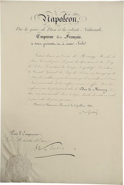 NAPOLÉON III (1808-1873). P.S., Clermont-Ferrand 8 juillet 1862 ; contresignée par le Ministre d’État Alexandre Walewski (fils de Napoléon Ier) ; vélin in-folio, en-tête gravé Napoléon, par la grâce de Dieu et la volonté Nationale, Empereur des Français, cachet aux armes sous papier.Titre de duc pour son demi-frère Morny (1811-1865). « Voulant donner au Comte de Morny, Membre de Notre Conseil privé, Député du département du Puy-de-Dôme, Président du Corps Législatif, Président du Conseil Général du Puy-de-Dôme, un témoignage de Notre bienveillance pour les services qu’il a rendus à l’État, Nous avons résolu de lui conférer […] le titre de Duc de Morny. Ce titre sera transmissible dans la ligne directe de mâle en mâle et par ordre de primogéniture ». On joint une L.S. d’Auguste de Morny, Paris 5 janvier 1852, à M. de La Boutresse, maire du Donjon (Allier) (1 p. in-fol. à en-tête Cabinet du Ministre de l’Intérieur), lui annonçant sa nomination comme Chevalier de la Légion d’Honneur à la suite du « concours dévoué que vous avez prêté au Gouvernement dans les dernières circonstances »…