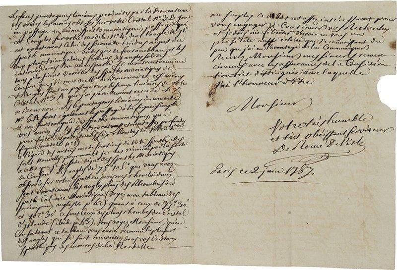 Jean-Baptiste de romé de l’isle (1736-1790) minéralogiste. L.A.S., Paris 2 juin 1787, à Louis-Benjamin Fleuriau de Bellevue à La Rochelle ; 2 pages et demie in-4, adresse, cachet cire rouge.Félicitations du grand spécialiste des cristaux. Il a reçu par M. Carangeot sa lettre avec les échantillons, « ainsi que les modèles en bois très exactement faits d’un Spath calcaire muriatique que vous avez découvert dans les environs de La Rochelle. Quoique j’eusse déjà quelques unes de ces variétés, entr’autres celles du n° 3A et du n° 4, que mon digne et savant éleve Mr de Bournon a rencontrées parmi les Spathes de Corfou près de Lyon, cependant j’ai vu avec d’autant plus de plaisir votre n° 1 que ses plans rhombes de 42° 16’, sont au 16’ près que vous avez trouvées par le calcul, l’angle de la base des sommets des pyramides trièdres obtuses du Spath lenticulaire […] Votre n° 1 est donc une inversion du Spath lenticulaire qui tranché verticalement d’un sommet à l’autre presenteroit exactement ce même rhombe de 42° 138° »… Etc. Il l’engage fort à poursuivre ses recherches : « je dois me féliciter d’avoir en vous un prosélite aussi éclairé que reconnoissant du peu que j’ai eu l’avantage de lui communiquer »…