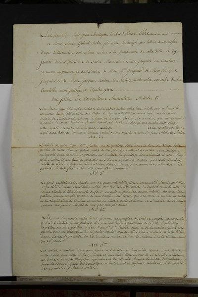Jean-Pierre SUCHET (1736-1789) négociant soyeux de Lyon, père du maréchal. P.S., et 22 lettres ou pièces à lui adressées ou le concernant, 1766-1792.Contrat de mariage avec Marie-Anne Jacquier (Lyon 1766). Reconnaissance de dette devant notaire par J.-P. Suchet envers demoiselle Marie-Anne Anony (Lyon 1785). Acte de société « pour le commerce de fabrique d’étoffes de soye », signé par Jean-Pierre Suchet et son neveu et associé Jean-Christophe Suchet (Lyon 1788). Cahier de comptes de M. Besson avec Suchet oncle et neveu (1782-1788). Consultation juridique après ouverture du testament de J.-P. Suchet (1789). Liste de parents, leurs âges, professions et degré de parenté avec le défunt. Convention et projet de convention touchant à ses biens immobiliers (1789) ; affiche de vente aux enchères après décès (1789). Inventaire général des débiteurs et créditeurs de Suchet oncle et neveu, en vue de la liquidation, signé par Jean-Christophe Suchet et 4 membres du conseil de tutelle des fils du défunt (1789). Acte de société entre Jean-Christophe Suchet et son cousin Louis-Gabriel Suchet « fils aîné, émancipé » (1789). Lettre d’Étienne Suchet « l’aîné », frère de Jean-Pierre (1792). Lettres diverses et notes sur la succession, etc.
