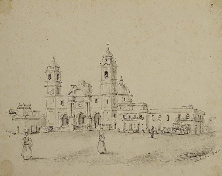 Voyages. Album de 54 dessins, signés « A. Chaptal », [1836-1838] ; album in-folio oblong (30 x 48 cm), demi-chagrin brun à coins, dos lisse muet.Très bel album de dessins réalisés pendant un tour du monde (Amérique du Sud, Mexique, Polynésie, Océan Indien, Asie).  Les 54 dessins, au crayon et au fusain, parfois au lavis (dont 3 avec rehauts de gouache), sont collés sur des feuilles de papier fort ; ils sont de formats divers (16 x 21, 16 x 27, 20 x 26, 21 x 28 cm), avec légendes au crayon sur les dessins ou sur les montages. La plupart des planches sont datées 1836, 1837 ou 1838, d’autres portent la signature de l’artiste : « A. Chaptal », peut-être un neveu du grand chimiste. L’artiste a visité l’Amérique du Sud, le Mexique, la Polynésie, les Philippines, la Chine, la Cochinchine, l’Inde et l’île Bourbon. Le trait est élégant et précis, la composition harmonieuse et aérée ; Chaptal ne cède pas au pittoresque facile, mais restitue simplement, non sans grâce, ce qu’il a vu. Ce sont des instantanés ; le crayon, parfois préssé par le temps, s’attache à l’essentiel, sauf dans les vues prises en pleine mer, de vraies marines romantiques et orageuses à souhait. Nous donnons ci-dessous les légendes et les sujets de quelques planches : Ilot du bon voyage (baie de Rio). – Montevideo. 1836. Avril. – Cap Horn. Mai 1836. – Port de Valparaiso Cobija 1836. – Lima 1837 (costumes féminins). – Église de Pizarre. Payta. – Endroit où Cook a été massacré à Karakakoa. – Iles Sandwich. – Karakakoa. 1836. – La Escolta. Manille 1836. – Manille (vue fluviale avec barques) 1836. – Gde rue du bazar à Macao. 1837. – Vue de Macao. – Pagode à Macao. – Grotte du Camoens. ? Gde Place de Canton (Chine). – Canton [le port]. – Macao 1836. – Touranne (Cochinchine). Vue prise de l’Ile aux serpents. 1837. – Pagode cochinchinoise. – [Nombreux types et costumes chinois, janques et bateaux.] – Vedapoury ispanrin [vue du temple]. – Pondichéry. Juin 1837. – Intérieur d’une pagode indienne. Pondichéry 1837. –
