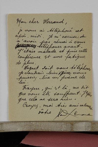 Paul ÉLUARD (1895-1952). L.A.S., [Paris 1er octobre 1937], à l’acteur Marcel Herrand ; 1 page in-12, adresse (carte-pneumatique).Il s’excuse ne n’avoir pas réussi à lui téléphoner cet après-midi : « J’étais malade et puis cette conférence est une fatigue de plus. Hugnet doit vous téléphoner. Je voudrais bien que vous puissiez lire un poème de lui. Fraysse, qui est là, me dit que vous êtes souffrant. J’espère que cela ne sera rien »…