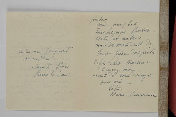 Marie LAURENCIN (1883-1956). L.A.S., 25 octobre 1950, à L. de Touraou de la Galerie Ex-Libris à Bruxelles ; 2 pages et demie in-12, enveloppe.« Depuis notre entrevue à l’atelier 15 rue Vaneau, pas plus vu Robert Le Masle que beurre en broche ». Mme Jacquart n’a rien à prêter, « moi non plus. Tous les Beaux-Arts et autres nous demandent de faire des prêts ». Elle donne l’adresse de Mme Jacquart et prie de lui écrire « avant de vous déranger pour moi »…