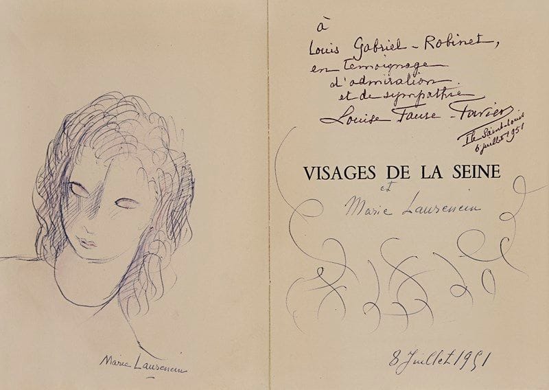 Marie LAURENCIN. Louise FAURE-FAVIER. Visages de la Seine. Illustrations de Marie Laurencin (Points & Contrepoints, 1951). In-8, broché, chemise demi-daim rose, sous emboîtage daim rose.Édition originale, un des 300 exemplaires de tête sur vélin. Envoi autographe signé de la poétesse à l’écrivain et journaliste Louis Gabriel-Robinet, avec un grand dessin de Marie Laurencin en pleine page d’une tête de femme au stylo bleu avec rehauts de crayon rose, signé et daté 8 juillet 1951.