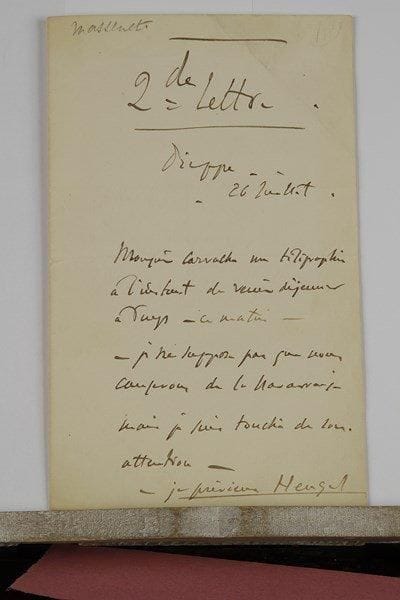 Jules MASSENET (1842-1912). L.A.S., Dieppe 26 juillet [1895] ; 2 pages in-8.Carvalho lui télégraphie à l’instant de venir déjeuner à Puys : « Je ne suppose pas que nous causerons de La Navarraise [livret de Jules Claretie] mais je suis touché de son attention. Je préviens Heugel de cette dépêche. Mais… venir à Paris… quitter Cendrillon ! »…