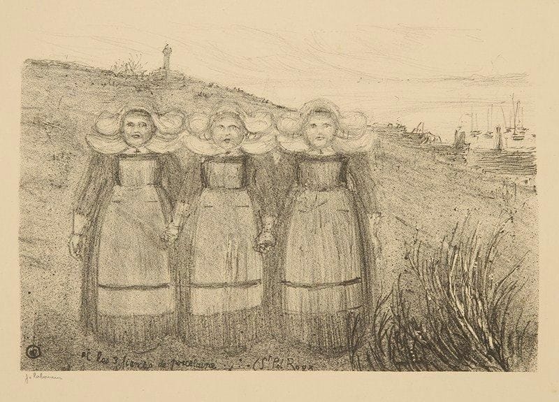 Jean-Emile LABOUREUR (1877-1943)
Les Trois fiancées de porcelaine, 1897. Lithographie. Illustration pour Le Pèlerinage de Sainte-Anne de Saint-Pol Roux. Laboureur 754. Belle épreuve sur vélin glacé ivoire, signée. Numéro 3 au crayon bleu dans l'angle supérieur droit. Très rare. Tirage à quelques épreuves seulement. (Forte oxydation à l'ouverture d'un ancien montage). 17.50 x 26 cm