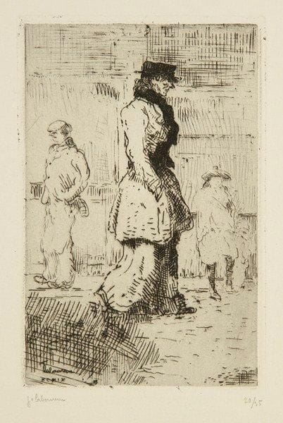 Jean-Emile LABOUREUR (1877-1943)
Femme au foulard rouge (Londres), 1909. Eau-forte. Signée et numérotée, puis annotée en pied " 2eme Etat (tiré à 35) " et titrée en pied au verso. Tirage total à 20 épreuves (en dépit des 35 annoncées). (Quelques rousseurs). 13.80 x 9 cm