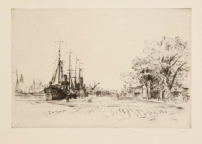 Gustave LEHEUTRE (1861-1932)
Les Chalutiers, La Rochelle, 1924. Pointe sèche. Numérotée et signée à la mine de plomb, puis titrée en pied. Tirage à 100 épreuves. Timbre sec: Ed. Sagot éditeur, Paris (Lugt 2254). 19.80 x 29.80 cm