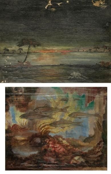René MENDES-FRANCE (1888 - 1985)
Les Poissons. Huile sur toile (non montée).. Signée en bas à gauche.. 52 x 65 cm.. (accidents).. On joint: école Orientaliste. Bord de mer. Huile sur toile (non montée). 24 x 32 cm. (accidents).