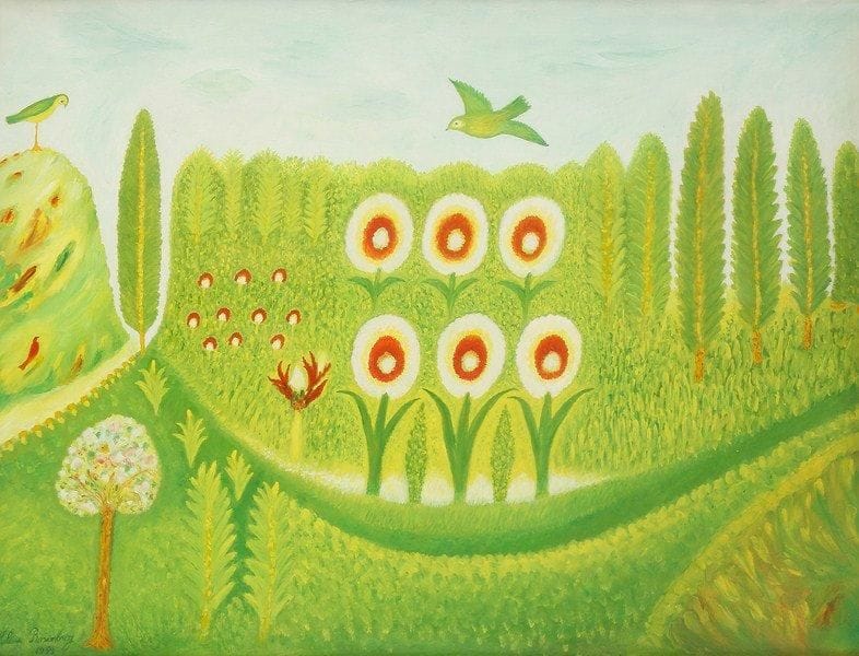 Hélène ROZENBERG (1908 - 1975)
Paysage, 1959. Huile sur carton. Signée et datée en bas à gauche. Exposition: Salon des indépendants 1960, Naïfs. 48 x 62.50 cm