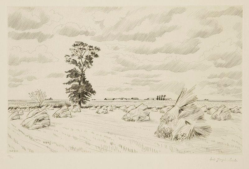 Louis-Joseph SOULAS (1905-1954)
Les Fermes de Moret, 1953. Burin. Numéroté à la mine de plomb et timbré. Tirage à 75 épreuves. 25.50 x 39.50 cm