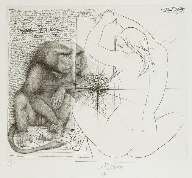 Pierre-Yves TREMOIS (né en 1921)
Femme et singe, 1975. Eau-forte. Signée et datée en bas au milieu. Numérotée sur 80. 45 x 52 cm