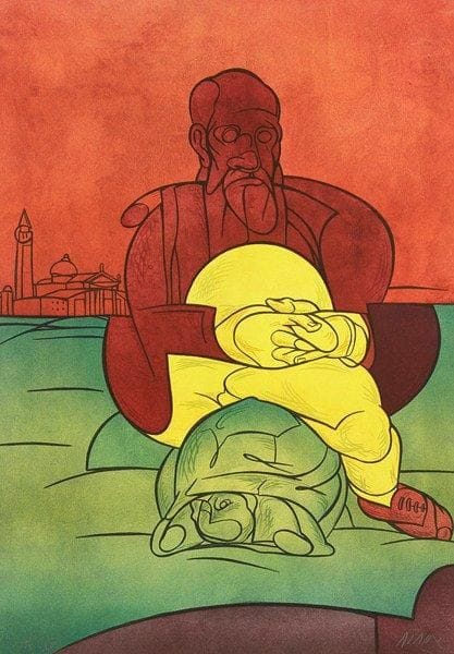 Valerio ADAMI (Né en 1935)
Homme à la tortue. Lithographie. Signée en bas à droite et numérotée sur 150. 77 x 54.50 cm.