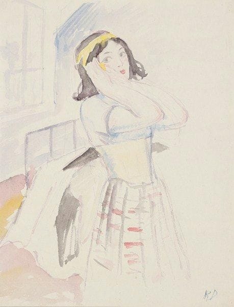 Raphaël-Maurice DROUART (1894-1972)
Femme au corset. Aquarelle sur vélin mince. Signée des initiales dans l'angle inférieur droit. Montée par les angles sur vélin gris. 26.80 x 20.80 cm