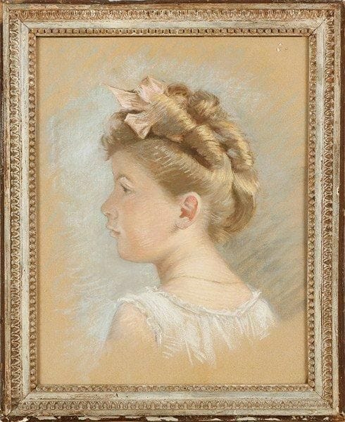 ECOLE FRANCAISE DU XIXème siècle
Portrait d'une petite fille de profil. Pastel sur papier brun. 45 x 35 cm