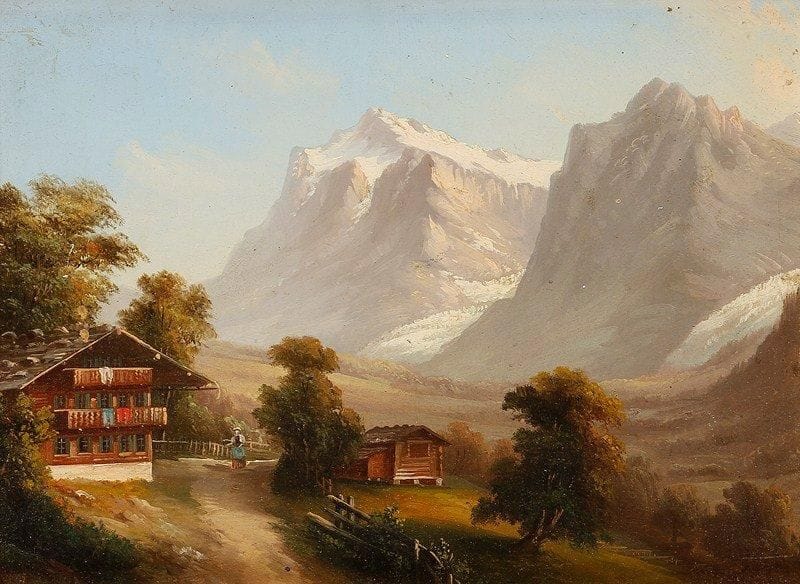 Ecole suisse
Chalet en montagne. Huile sur carton. 17 x 22 cm.
