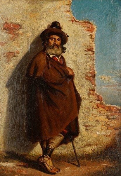 Louis GUY (1824-1888)
Berger adossé à un mur, 1886. Carton marouflé sur panneau. Signé et daté en bas à gauche L. Guy/ F. D. 1886. 39 x 28 cm