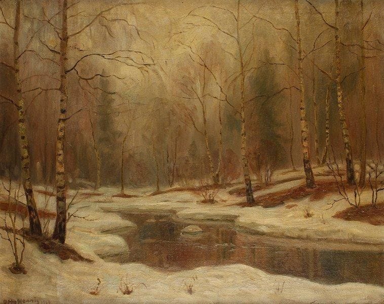 Otto HENNIG [norvégien] (1871-1920)
Sous - bois enneigé, 1919. Huile sur toile. Signée et datée en bas à gauche. 69 x 86 cm