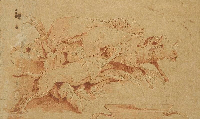 Jean-Baptiste HUET (dans le goût de)
Chien courant après des moutons. Plume et sanguine. (Griffure et tâches). 12 x 20 cm