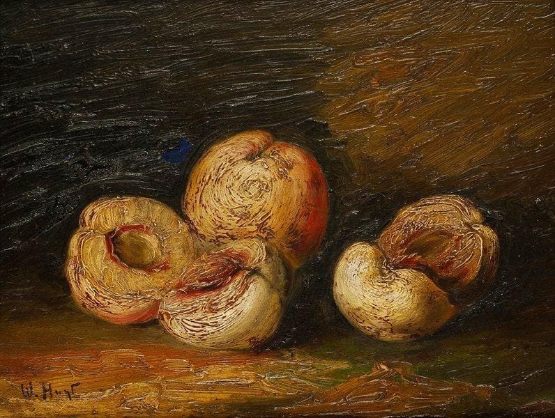 W. HUNT
Nature morte aux fruits. Huile sur panneau. Signée en bas à gauche. 25 x 32 cm