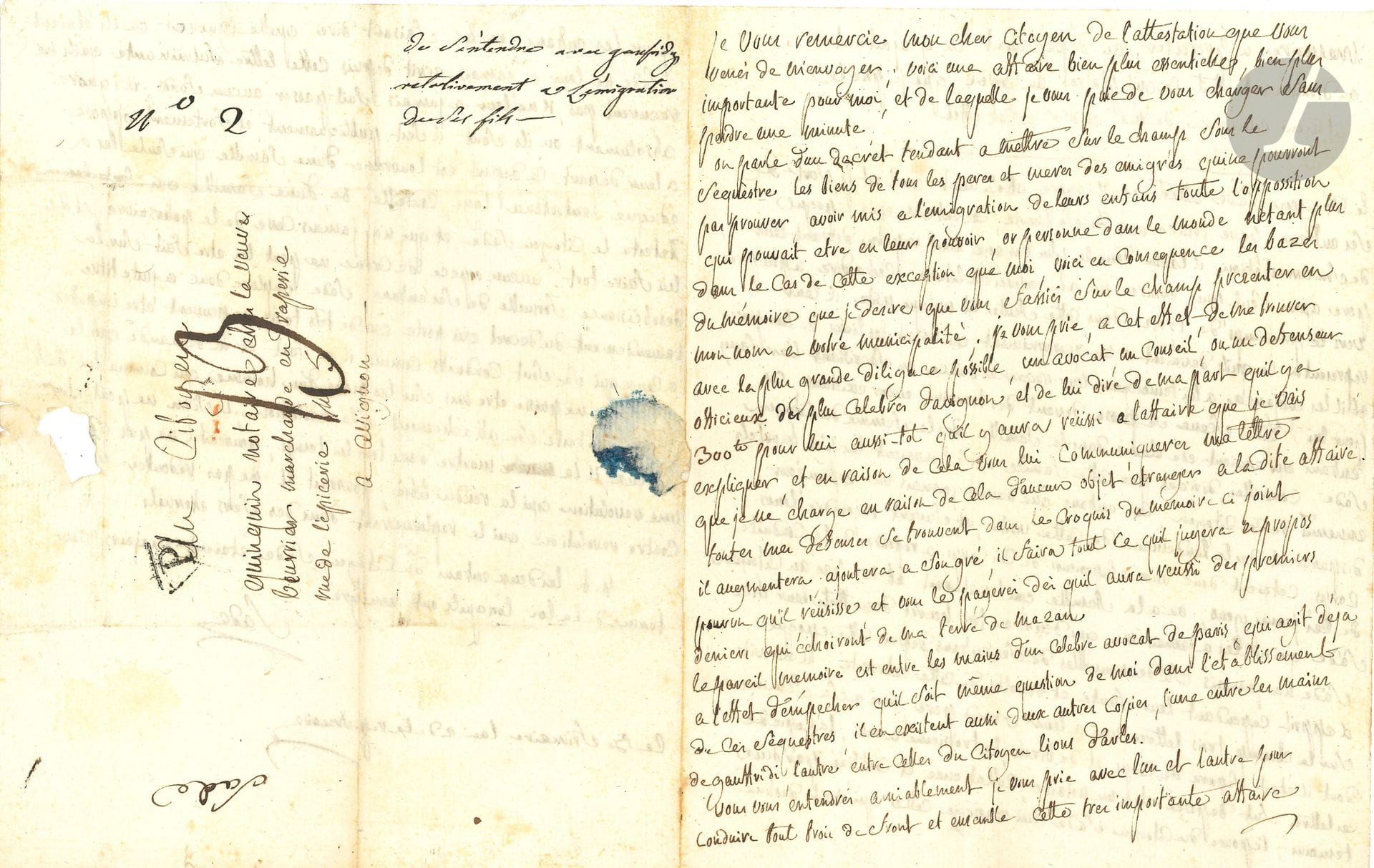 Donatien-Alphonse-François, marquis de SADE. L.A.S., [Paris] 30 frimaire II (20 décembre 1793), au citoyen Quinquin, notaire, à Avignon; 3pages in-4, adresse (petite déchirure par bris du cachet).
Importante lettre écrite de la prison des Madelonnettes, affirmant son attachement à la Révolution et condamnant l’émigration de ses enfants.
Sade charge Quinquin d’une affaire essentielle et importante. «On parle d’un decret tendant a mettre sur le champ sous le sequestre les biens de tous les peres et meres des emigrés qui ne pourront pas prouver avoir mis a l’emigration de leurs enfans toute l’oppossition qui pouvait etre en leur pouvoir, or personne dans le monde netant plus dans le cas de cette exception que moi», Sade va donc dresser un mémoire, et charge Quinquin de le confier à un des meilleurs avocats d’Avignon; «il faira tout ce qu’il jugera a propos pourvu qu’il réusisse et vous le payerés dès qu’il aura réussi des premiers deniers qui échoiront de ma terre de Mazan».
La plus grande partie de cette lettre est occupée par le «Memoire a presenter au département en y ajoutant ou diminuant tout ce qu’il plaira au conseil que je prie le citoyen Quinquin de me choisir a cet effet», rédigé à la troisième personne. «Le citoyen Sade atteste qu’il ignore absolument quel est le sort de ses enfans; privé treize ans de sa liberté, ces enfans qu’a l’époque de son arrestation, il laissa dans le plus bas age n’ont reparu devant leur pere qu’un seul jour, environ un an après sa liberté, c’est a dire a peu près vers le printemps de 1792. Dans cette seule et unique visite, il leur representa ce qu’ils devaient a un gouvernement qui brisait les liens de leur pere et il les engagea a lui temoigner leur reconnaissance en sacrifiant leur sang pour lui; [...] ces enfans qui avaient ete elevés dans la famille de la femme du citoyen Sade, conseillés, dirigés par cette famille ou se trouvaient les plus mortels ennemis de ce citoyen, ces enfans qu’il n’avait jamais vu qu’un jour disparurent des le lendemain de cette visite, et furent rejoindre leur corps [...] Sade n’a jamais su des nouvelles de ses enfans depuis cette époque. Il apprit cependant leur faute, et revolté de cette atrocité, il écrivit sur le champ trois lettres, une a leur grand pere, une a sa femme dont il était separé de corps et de bien, la troisieme a eux [...] Sade ne leur a jamais ecrit depuis cette lettre fulminante qu’ils ne reçurent pas, il ne leur a jamais fait passer aucun fonds; il ignore absolument ou ils sont; il s’est publiquement, et fortement opposé a leur départ. Ce départ est l’ouvrage d’une famille qui seule les a éduqué, entretenu, logé, conseillé &c, d’une famille qui deteste le citoyen Sade, et qui n’a jamais cessé de le poursuivre, et de lui faire tort. Aucun espece de crime ne peut lui etre fait sur la desobeïssance formelle de ses enfans; Sade implore donc a juste titre l’amendement du decret qui porte que de tels torts ne peuvent etre imputés a ceux qui se sont conduits comme il a fait, et il demande que le sequestre ne puisse etre mis sur les biens d’un homme qui comme lui a si bien manifesté son attachement a la revolution; le sien ne peut être douteux, il l’a montré dans tous les temps; pourrait-il ne pas ad[orer] une revolution qui l’a rendu libre; pourrait-il ne pas redouter une contre revolution qui le replongerait dans des fers eternels»...
On joint une L.A. au même, 5 nivôse [25 décembre 1793] (2p. in-4), au sujet de l’émigration de ses enfants, rappelant qu’il s’y est fermement opposé…