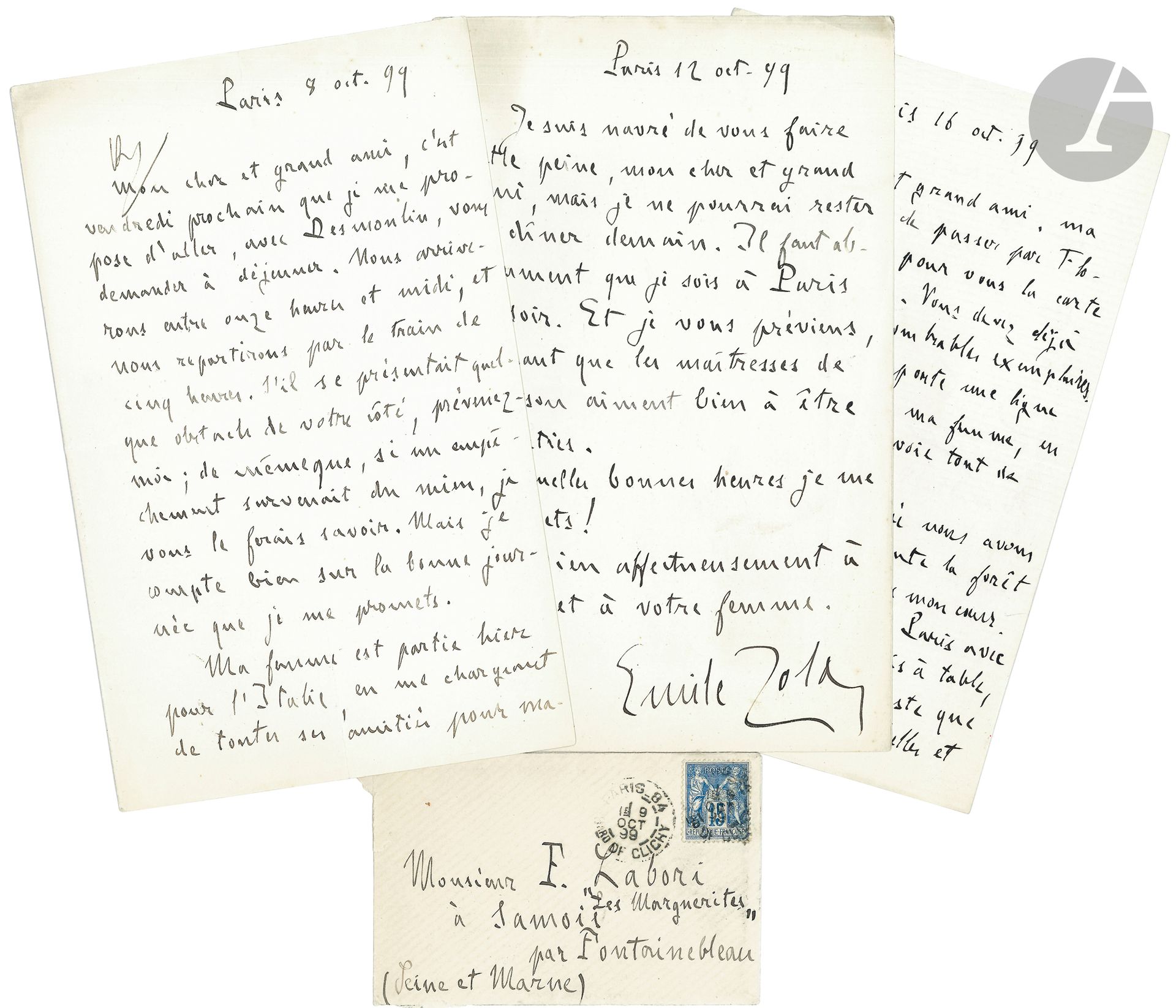 Émile ZOLA. 7 L.A.S., 1899-1901, à Maître Fernand Labori; 11pages in-8, enveloppes.
À son avocat, qui fut aussi le défenseur d’Alfred Dreyfus.
Paris 8 octobre 1899. Zola va aller déjeuner vendredi chez Labori, dans sa villa Les Marguerites à Samois, avec Desmoulin: «je compte bien sur la bonne journée que je me promets Ma femme est partie hier pour l’Italie»... – 12 octobre. Il ne pourra rester dîner le lendemain, car il doit être à Paris le soir: «je vous préviens, sachant que les maîtresses de maison aiment bien à être averties. Quelles bonnes heures je me promets!»... – 16 octobre. Zola transmet à Labori la carte postale de sa femme, envoyée de Florence (carte postale jointe, portant une inscription autographe signée d’Alexandrine Zola). «Quelle belle journée nous avons passée vendredi! J’ai toute la forêt dans ma tête et dans mon cœur. Nous sommes rentrés à Paris avec du retard, mais une fois à table, tout s’efface, et il ne reste que la mémoire des choses belles et heureuses. […] Je viens de voir Mathieu Dreyfus. Nous avons longuement causé. Lui aussi veut marcher résolument. Reposez-vous bien, et, dès votre retour, nous agirons». [Dreyfus avait été déclaré coupable avec circonstances atténuantes, et le gouvernement voulait le gracier er l’amnistier. Zola souhaitait que le procès reprît, afin de prouver l’innocence de Dreyfus.]. La carte postale envoyée d’Italie par Alexandrine Zola représente Ponce-Pilate montrant le Christ à la foule; elle porte un texte imprimé en italien, saluant l’avocat et l’apôtre de la vérité, avec l’adresse imprimée «Illustre Avvocato Fernando Labori»; Alexandrine Zola a ajouté au bas de la carte une ligne d’envoi en italien, et signé. – 28 décembre. Au sujet de l’affaire Judet et du dossier François Zola (que Judet avait calomnié). Zola a vu Waldeck-Rousseau et le général de Galliffet (ministre de la Guerre): «Tout est arrangé». Il viendra chercher Labori pour se rendre le 3 janvier au ministère. «Jacques Dhur est autorisé à nous accompagner [...] nous aurons le temps, dans le fiacre, de causer et de nous entendre»…
Paris 23 juillet 1900. Il part pour Médan...  «je pense que nous n’avons rien à nous dire d’utile avant octobre. Vous avez bien raison, reposons-nous le plus gaiement possible, prenons des forces pour les luttes futures, car il est impossible que de si grandes choses finissent ainsi. J’ai bon espoir, malgré tout. Notre jour va venir»...
Paris 23 février 1901. Zola demande un rendez-vous à Labori: «Il faut pourtant que nous causions et que nous décidions ce que nous allons faire dans l’affaire Judet et dans celle des experts. J’ai été si écrasé de besogne jusqu’ici, que j’ai un peu fait le mort. Mais les jours s’écoulent, il devient nécessaire d’agir»... – 25 février. «d’après les deux assignations que je vous envoie, il résulte que nous avons jusqu’au 12 mars pour Judet et jusqu’au 15 mars pour les experts. Je vair réfléchir de mon côté et je vous prie de réfléchir du vôtre. Vers la fin de la semaine [...] nous prendrons une décision»...
