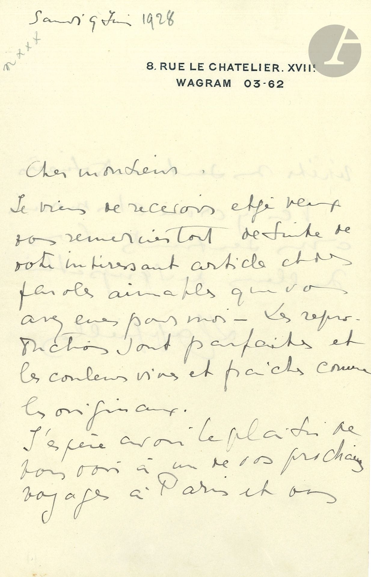 Leonetto CAPPIELLO (1875-1942). L.A.S., Paris 9 juin [1928], à un journaliste; 1page et demie in-8 à son adresse.
Il remercie de «votre intéressant article et des paroles aimables que vous avez eues pour moi. Les reproductions sont parfaites et les couleurs vives et fraiches comme les originaux»…