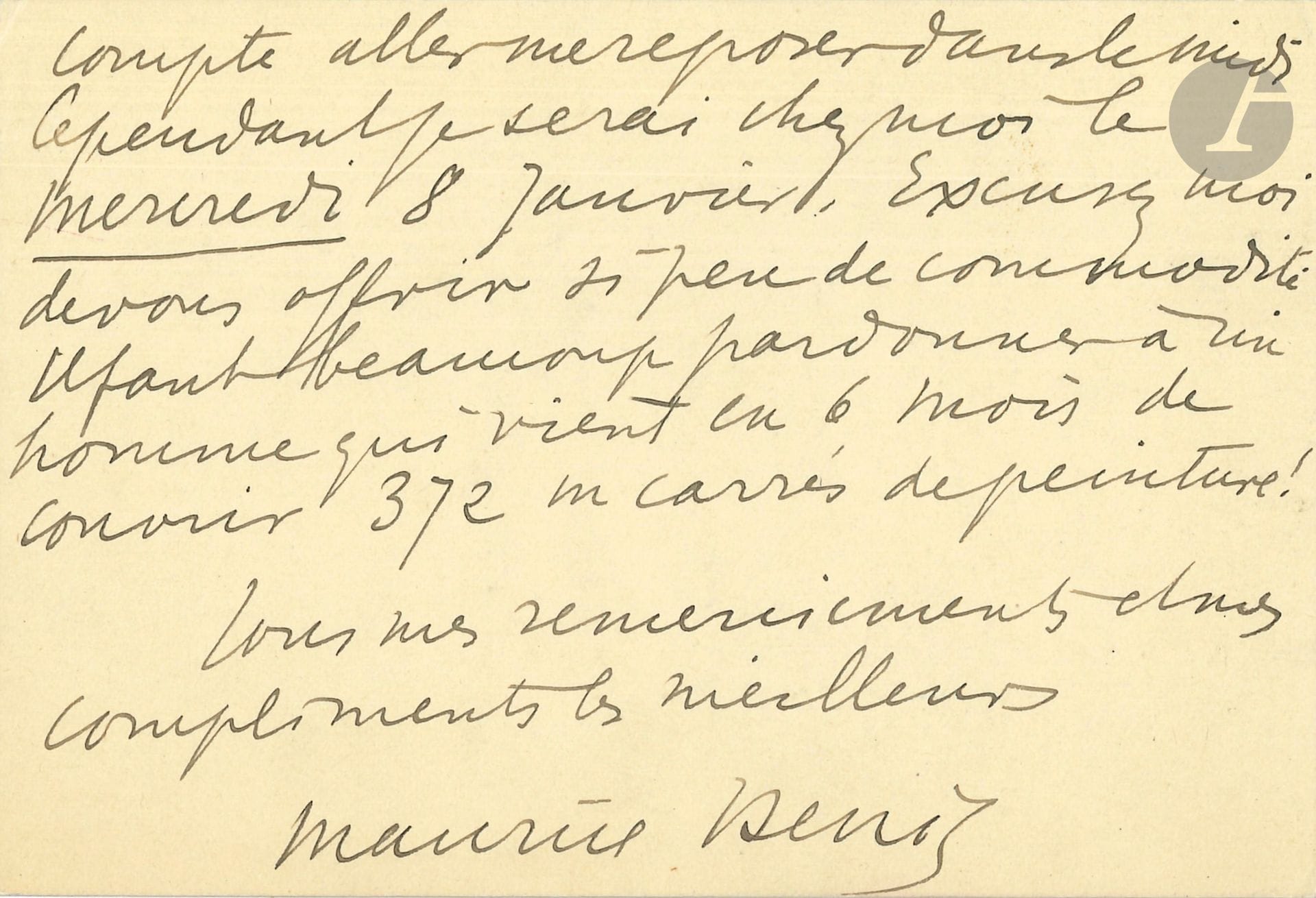 Maurice DENIS (1870-1943). L.A.S., [1912]; 2pages oblong in-12.
Au sujet de sa décoration du Théâtre des Champs-Élysées. Il demande à son correspondant «de venir voir ma coupole que je montre Dimanche prochain 11 heures (Théâtre Astruc, 15 avenue Montaigne). Je viens de la terminer [...] fatigué par ce long travail je compte aller me reposer dans le midi [...] Il faut beaucoup pardonner à un homme qui vient en 6 mois de couvrir 372 m. carrés de peinture!» Il reprendra plus tard ses mercredis à Saint-Germain-en-Laye.