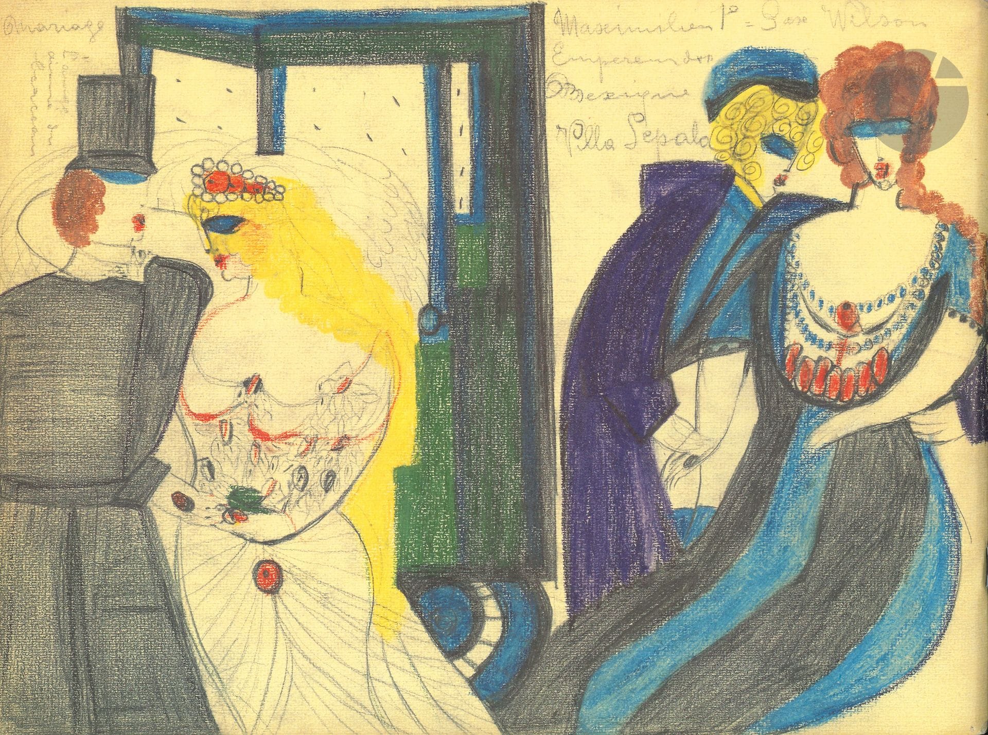 Aloïse Corbaz dite ALOÏSE (1886-1964). Peinture et musique au théâtre Aloïse Corbaz 1941 [Innsbruck-Wien, Galerie Krinzinger et Galerie Nachst, 1984]: cahier oblong in-4 oblong, agrafé, 40p.
Reproduction en fac-similé d’un cahier de dessins aux crayons de couleurs. Accompagnée d’un bifeuillet impr. avec photo d’Aloïse et texte en allemand et français de Jacqueline Porret-Forel.