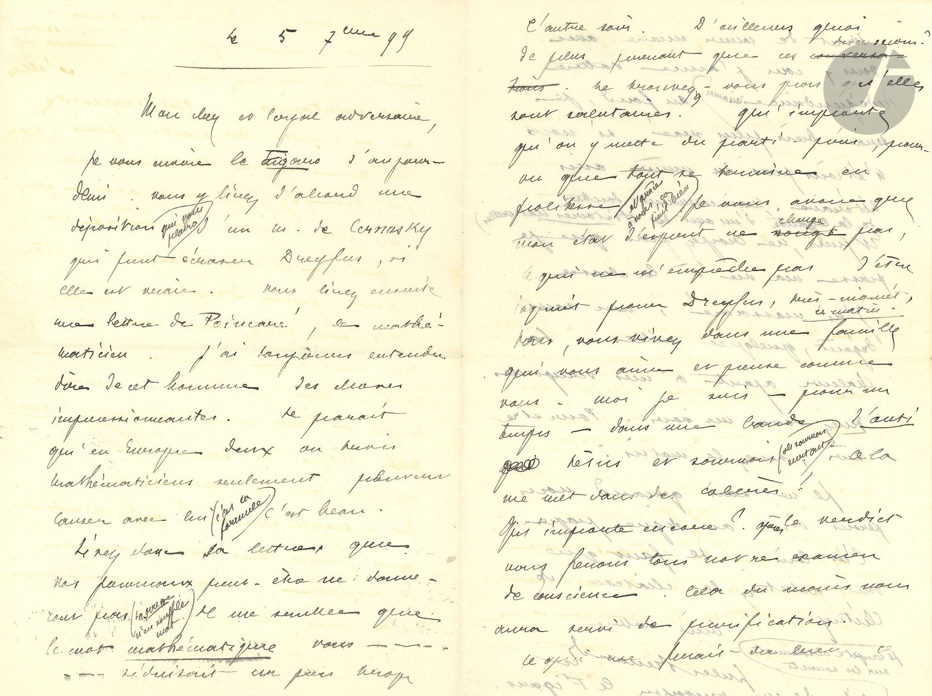 Jules RENARD (1864-1910). L.A.S., [Chaumot] 5 septembre 1899, [à Louis Paillard]; 3 pages in-8.
Intéressante lettre sur l’affaire Dreyfus, adressée par Renard à son «cher et loyal adversaire». Il lui envoie le Figaro avec une déposition de M. de Cernusky [Cernuschi] «qui peut écraser Dreyfus, si elle est vraie. Vous lirez ensuite une lettre de Poincaré le mathématicien. J’ai longtemps entendu dire de cet homme des choses impressionnantes. Il paraît qu’en Europe deux ou trois mathématiciens seulement peuvent causer avec lui: c’est la formule. C’est beau». Il juge les discussions salutaires: «Qu’importe qu’on y mette du parti pris, pourvu que tout se termine en politesse? Je vous avoue que mon état d’esprit ne change pas, ce qui n’empêche pas d’être inquiet pour Dreyfus, très inquiet, ce matin. Après le verdict, nous ferons tous notre examen de conscience. Cela du moins nous aura servi de purification. Ce qui ferait du bien, ce serait de causer encore avec vous, car j’aime votre indépendance raisonnée. Au fond, je serais bien plus vexé si nous n’étions pas du même avis littéraire. Mais comment douter de la loyauté d’un ami des Histoires naturelles? Enfin, ne croyez pas que je passe ma vie à la chasse. J’ai massacré, non sans dégoût, quelques cailles. La chaleur ajoute à ces scrupules »...