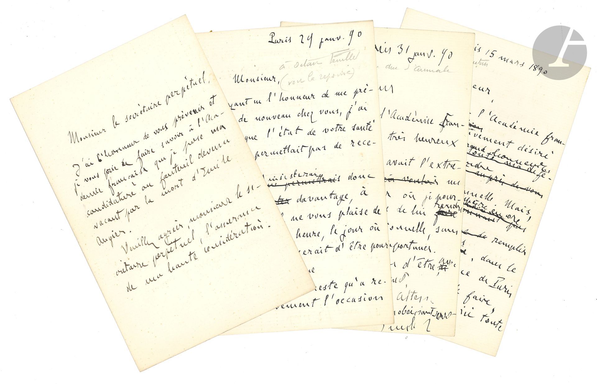 Émile ZOLA. 5 L.A.S. and 4 L.A. (minutes or drafts), Paris 1889-[1896]; 12pages in-8 or in-12 (one in pencil).
Drafts of letters to academicians concerning his candidacies.
[December 1889], to the perpetual secretary. "I have the honor of informing you and I ask you to inform the Académie française that I am applying for the seat left vacant by the death of Émile Augier"...
January 29 1890, to Octave Feuillet: "Having had the honor of visiting you again, I have learned that the state of your health does not allow you to receive me. I will therefore not insist any further [...] it only remains for me to deeply regret the opportunity that presented itself to greet in your person one of the masters of the French novel"...
January 31, 1890, to the Duc d'Aumale. "Monseigneur, Candidate for the Académie française, I would be very happy if Your Highness would be so kind as to let me know the day when I could allow myself to pay him the traditional visit, without fear of bothering him"...
March 15, 1890, to Mgr Adolphe Perraud: "As a candidate for the Académie française, I would have greatly desired to have the great honor of paying you the traditional visit. But, although I still hope to fulfill this duty, should your absence from Paris prevent me from doing so, I wish to express to you here all my deference"...
May 5, 1890, to Camille Doucet, secrétaire perpétuel (with envelope): "As the election of May 1st was inconclusive, please inform the Académie française that I am maintaining my candidacy for Émile Augier's seat"...
May 10 1891, to the Duc d'Aumale: "As a candidate for Octave Feuillet's chair, I would have liked above all to pay you my respects. But the absence of Your Highness prevents me, to my deep regret, from fulfilling this duty, and I can only send him the expression of my profound deference"...
[Early 1896], to Gaston Boissier, perpetual secretary (3 successive versions), asking him to inform the Académie "that I withdraw my candidacy for the fauteuil of M. Ferdinand de Lesseps and put it forward for the sole fauteuil of M. Alexandre Dumas. It would be a great honor for me to succeed an illustrious writer who has been kind enough to love me a little and to defend me, despite old literary battles"...
We enclose 9 L.A.S. from academicians to Zola, about his visits and candidacies: Ferdinand Brunetière, François Coppée (5), Alexandre Dumas fils, Octave Feuillet, Ludovic Halévy. Plus an invitation to lunch at Chantilly from the Duc d'Aumale.