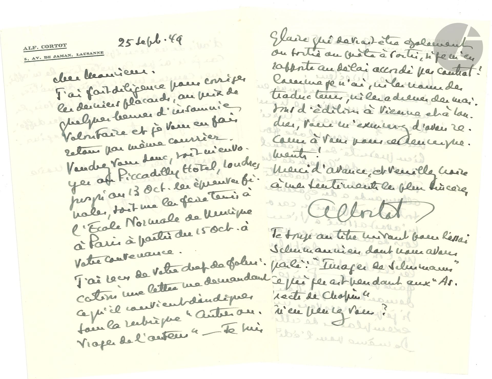 Alfred CORTOT (1877-1962). 2 L.A.S., Lausanne 1949-1951, [à André Sabatier, directeur littéraire des éditions Albin Michel]; 2pages in-8 chaque à son en-tête.
Au sujet de son livre Aspects de Chopin.
25 septembre 1949: correction des épreuves; il préfère ne rien indiquer comme «ouvrages du même auteur»: «je n’ai pas la prétention de m’affirmer comme écrivain de métier»… – 9 janvier 1951, sur les traductions italienne et allemande; il songe à un nouveau livre, Images de Schumann.
