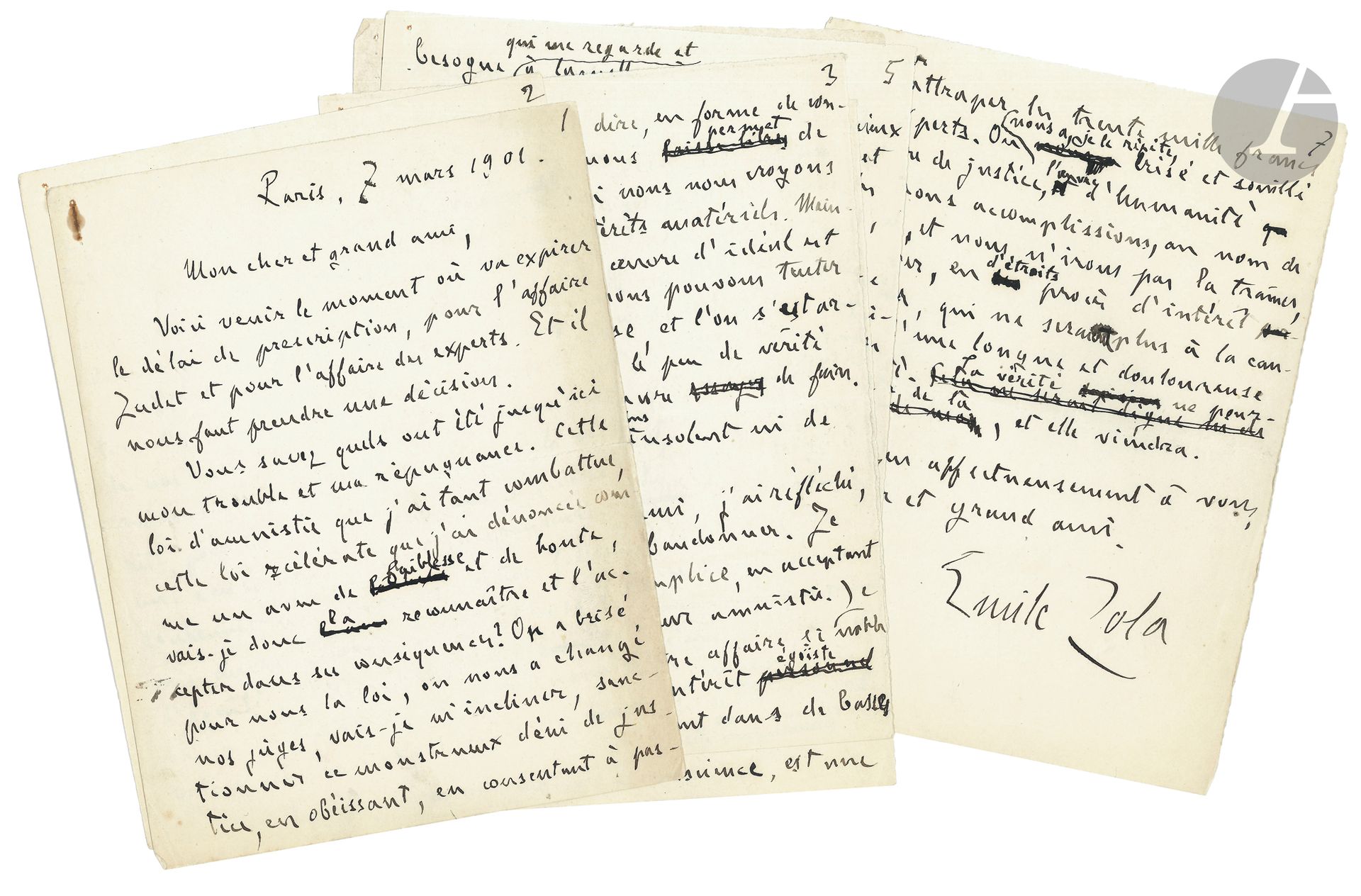 Émile ZOLA. L.A.S., Paris 7 mars 1901, à Maître Fernand Labori; 7pages petit in-4, avec de nombreuses ratures et corrections.
Magnifique lettre ouverte dans laquelle Zola renonce aux poursuites contre Judet qui avait sali la mémoire de son père, et contre les experts du bordereau de l’affaire Dreyfus, pour ne pas se rendre complice de la «loi scélérate» d’amnistie.
Cette lettre, conçue comme une lettre ouverte et vraisemblablement destinée à L’Aurore, n’a pas été publiée à l’époque. Elle est abondamment raturée et corrigée.
…«Vous savez quels ont été jusqu’ici mon trouble et ma répugnance. Cette loi d’amnistie, que j’ai tant combattue, cette loi scélérate que j’ai dénoncée comme un aveu de faiblesse et de honte, vais-je donc la reconnaître et l’accepter dans ses conséquences? On a brisé pour nous la loi, on nous a changé nos juges, vais-je m’incliner, sanctionner ce monstrueux déni de justice, en obéissant, en consentant à passer par la petite porte qu’on a bien voulu laisser entrebaillée encore, sous le prétexte dérisoire de respecter l’action civile? Ce serait, il me semble, profiter de l’amnistie, ne plus l’ignorer, ne plus la rejeter dans son abomination totale.
Et, d’autre part, allons-nous accepter cette diminution de nous-mêmes et de nos actes, qu’on nous offre comme une aumône. Nous nous battions pour la vérité, pour la justice, nous défendions une cause sainte, dont la grandeur soutenait nos courages, nous faisions une œuvre magnifique et désintéressée d’équité, d’humanité. Et voilà qu’on la salit, qu’on l’anéantit entre nos mains, et puis on veut bien nous dire, en forme de consolation, qu’on nous permet de plaider au civil, si nous nous croyons lésés dans nos intérêts matériels. Maintenant que notre œuvre d’idéal est dans la boue, nous pouvons tenter de passer à la caisse, et l’on s’est arrangé pour étrangler le peu de vérité que nous tâcherions encore de faire. Je ne sais rien de plus insolent ni de plus humiliant.
Eh bien! mon ami, j’ai réfléchi et je préfère tout abandonner. Je ne veux pas être complice, en acceptant quoi que ce soit de leur amnistie. Je ne veux pas que notre affaire si noble et si pure d’intérêt égoïste finisse lamentablement dans de basses questions d’argent. Cela me gâterait tout notre effort d’abnégation et de bravoure».
Zola a obtenu une condamnation à 5000 francs de dommages-intérêts contre Judet, «l’insulteur de mon père». Il ajoute: «Je n’ai dans notre justice sociale aucune confiance, et ce n’est pas à elle en tout cas que j’aurai jamais l’idée de confier mon honneur et celui de mon père. Ma défense et celle des miens, dans des questions de conscience, est une besogne qui me regarde et à laquelle je suffis».
Quant aux experts Belhomme, Couard et Varinard, qui, «non contents d’avoir commis la stupéfiante et inquiétante erreur de ne pas reconnaître dans le bordereau l’écriture et la main d’Esterhazy, ont eu la triomphante idée d’aggraver leur cas, en me faisant condamner à trente mille francs de dommages-intérêts parce que je les avais accusés “d’avoir fait des rapports mensongers et frauduleux, à moins qu’un examen médical ne les déclare atteints d’une maladie de la vue et du jugement” [...] ils ont fait saisir et vendre mes meubles, pendant mon absence. Leurs trois noms sont à jamais gravés sur un monument impérissable. Pourquoi ne pas les laisser galoper, les poches pleines? Qu’ils gardent l’argent! L’âcre ironie de l’aventure en sera plus forte, et il y aura dans l’Affaire un peu plus de bassesse.
Voilà, mon ami, ma décision, que j’avais à vous faire connaître. Après vous avoir tant admiré, tant aimé, aux jours héroïques, dans vos plaidoiries si belles d’éloquence et de courage, je ne vous vois pas disputailler en mon nom, devant une chambre civile, pour encaisser les cinq mille francs de M. Judet ou pour rattraper les trente mille francs des experts. On nous a, je le répète, brisé et souillé l’œuvre de justice, l’œuvre d’humanité que nous accomplissions, au nom de l’idéal, et nous n’irons pas la traîner, l’achever, en d’étroits procès d’intérêt personnel, qui ne seraient plus à la cause que d’une longue et douloureuse inutilité. La vérité ne pourrait venir de là, et elle viendra»…