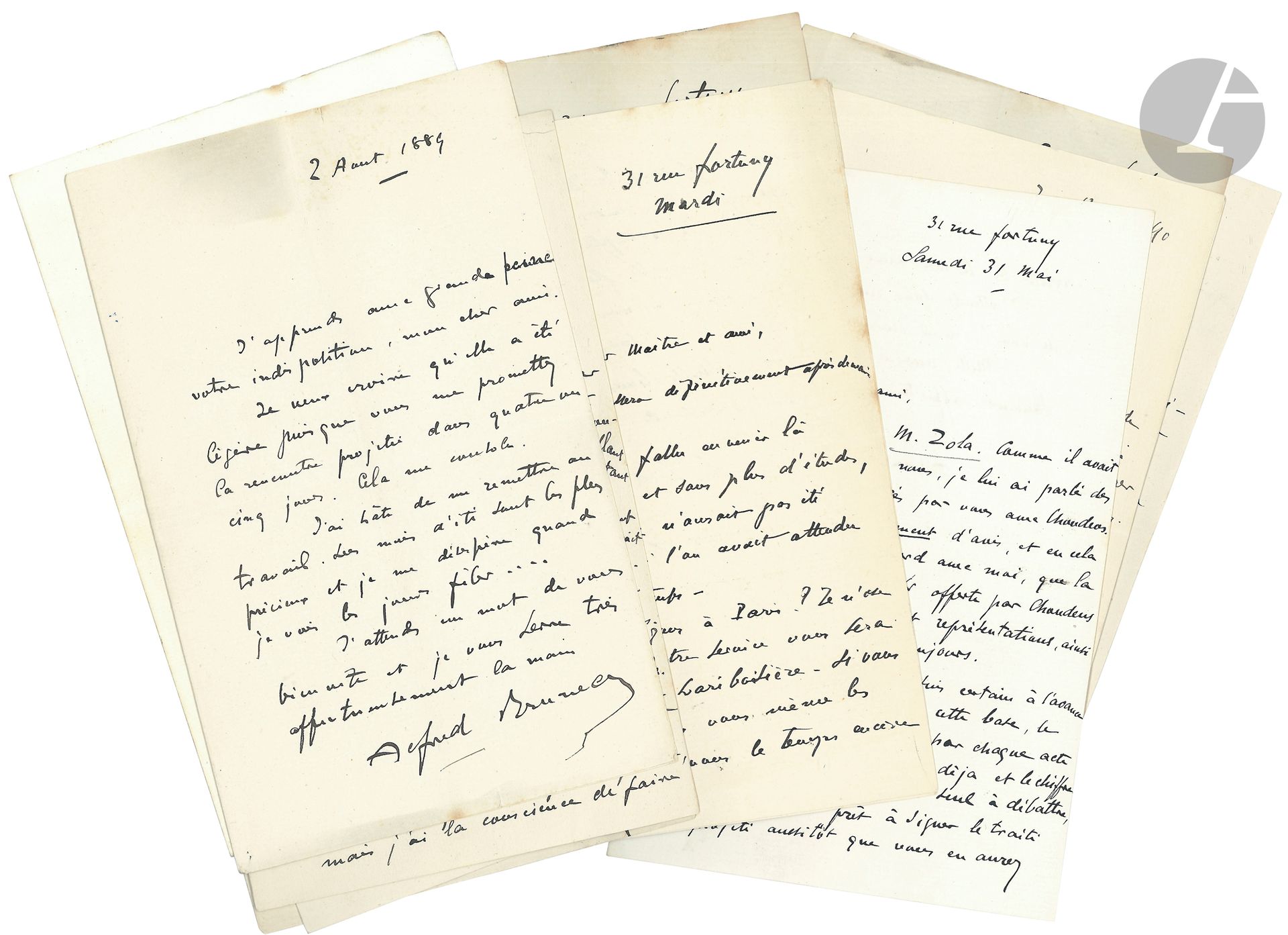 Alfred BRUNEAU (1857-1934). 30 L.A.S., 1889-1896, à Louis Gallet; 36pages formats divers, quelques en-têtes (Choudens, Hôtel Mathis à Londres, Hôtel de la Poste à Bruxelles), quelques adresses.

Au librettiste de ses opéras d’après Émile Zola: Le Rêve et L’Attaque du Moulin.
On voit Bruneau travailler au Rêve, dès 1889, en collaboration étroite avec Zola, et avec Gallet à qui il envoie peu à peu le matériel musical. 2 septembre 1889: «Notre visite à Médan m’a donné bon courage et je vais me remettre à la besogne avec un bien grand plaisir»… 31 décembre 1889: «J’avance avec une belle ardeur et un bon espoir. Je ne sais si ma musique est digne du poëme, mais j’ai la conscience de faire un effort et de donner un coup de collier»… 31 mai [1890], pourparlers avec Choudens; Zola est «d’accord avec moi que la somme de 40000frs offerte par Choudens soit répartie sur cent représentations»… Avril 1891: Zola a vu la maquette et trouve que «la Cathédrale fait trop petit. C’est un Évêché. Voilà sa seule recommandation». Il associe Gallet au choix des interprètes: «J’ai besoin de votre autorité et de votre expérience pour défendre notre Rêve. Je persiste à penser que tous nos efforts doivent se porter sur le personnage d’Angélique, qui, seul, décidera du succès de la bataille. C’est l’unique rôle de notre ouvrage qui exige impérieusement une artiste vraie, curieuse et intéressante»… Le Rêve sera créé avec succès à l’Opéra-Comique le 18 juin 1891, et connaîtra des représentations à Londres (27octobre 1891) et, dans la foulée, à Bruxelles, où Zola et Gallet doivent rejoindre Alfred Bruneau.
En septembre 1891, Bruneau s’attelle à l’Attaque du Moulin et envoie le premier acte à Gallet: «Je le trouve absolument bien ainsi. La ronde est plus précise et la tirade de Marceline va donner un beau développement lyrique. Vos premières scènes sont aussi très, très bien. Zola est tout à fait ravi et moi enchanté» (27 septembre). 11 juillet 1893. Il corrige les épreuves de la partition d’orchestre, et leur ouvrage aura une place de choix dans le programme de la saison de l’Opéra-Comique; «Carvalho nous a trouvé une Françoise [Georgette Leblanc] des plus curieuses et des plus remarquables dont la beauté comme le talent, la voix et le tempérament feront certainement sensation. Il me tarde que vous l’entendiez». L’Attaque du Moulin sera créée le 23 novembre 1893.
On joint une L.A.S. d’A. Bruneau, 1er janvier 1906, à un comédien, lui demandant de venir lire un morceau tiré de l’œuvre de Zola à la soirée d’hommage organisée par la Ligue des Droits de l’homme, sous la présidence d’Anatole France; et une longue lettre d’Et. Thibault, ancien professeur à l’université de Sydney (20 janvier 1894) disant son enthousiasme pour l’œuvre du «Maître des Maîtres» (Zola), et celle de Bruneau, et proposant de faire l’adaptation anglaise de L’Attaque du Moulin.