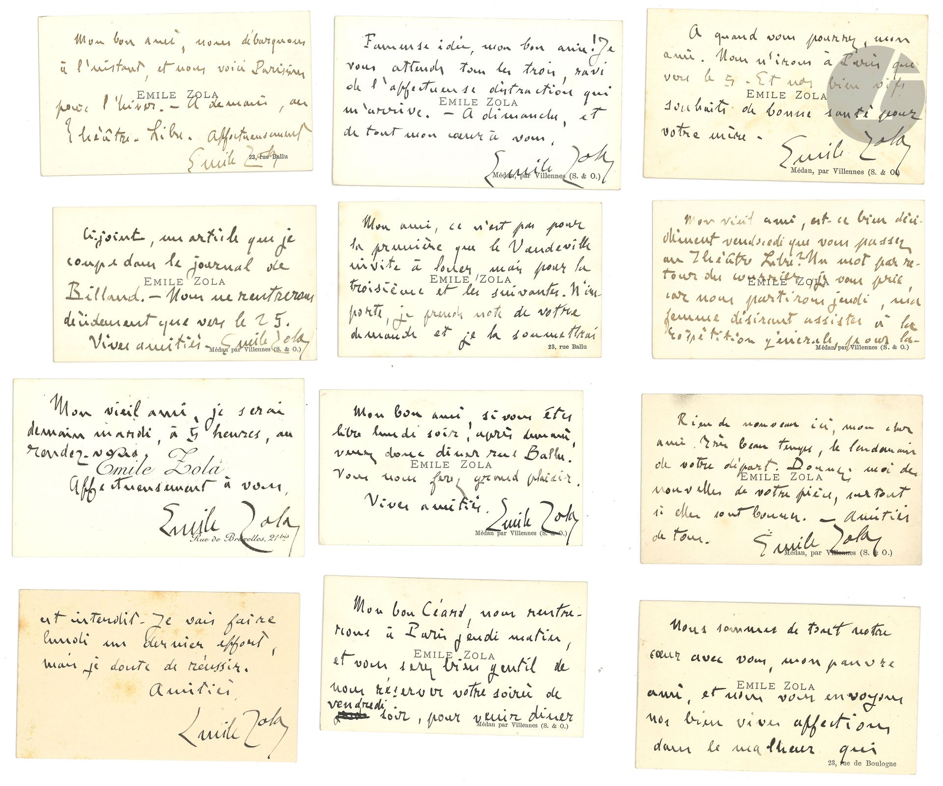 Émile ZOLA. 42 cartes de visite autographes signées, à Henry Céard; quelques enveloppes.
Billets amicaux. Invitations à Paris ou Médan (une destinée à Th. Duret); rendez-vous; soirées au Théâtre Libre; remerciements pour des articles et pour des renseignements; il doit terminer son Salon…
On joint 5 cartes de Mme Zola et une de W. Busnach.
