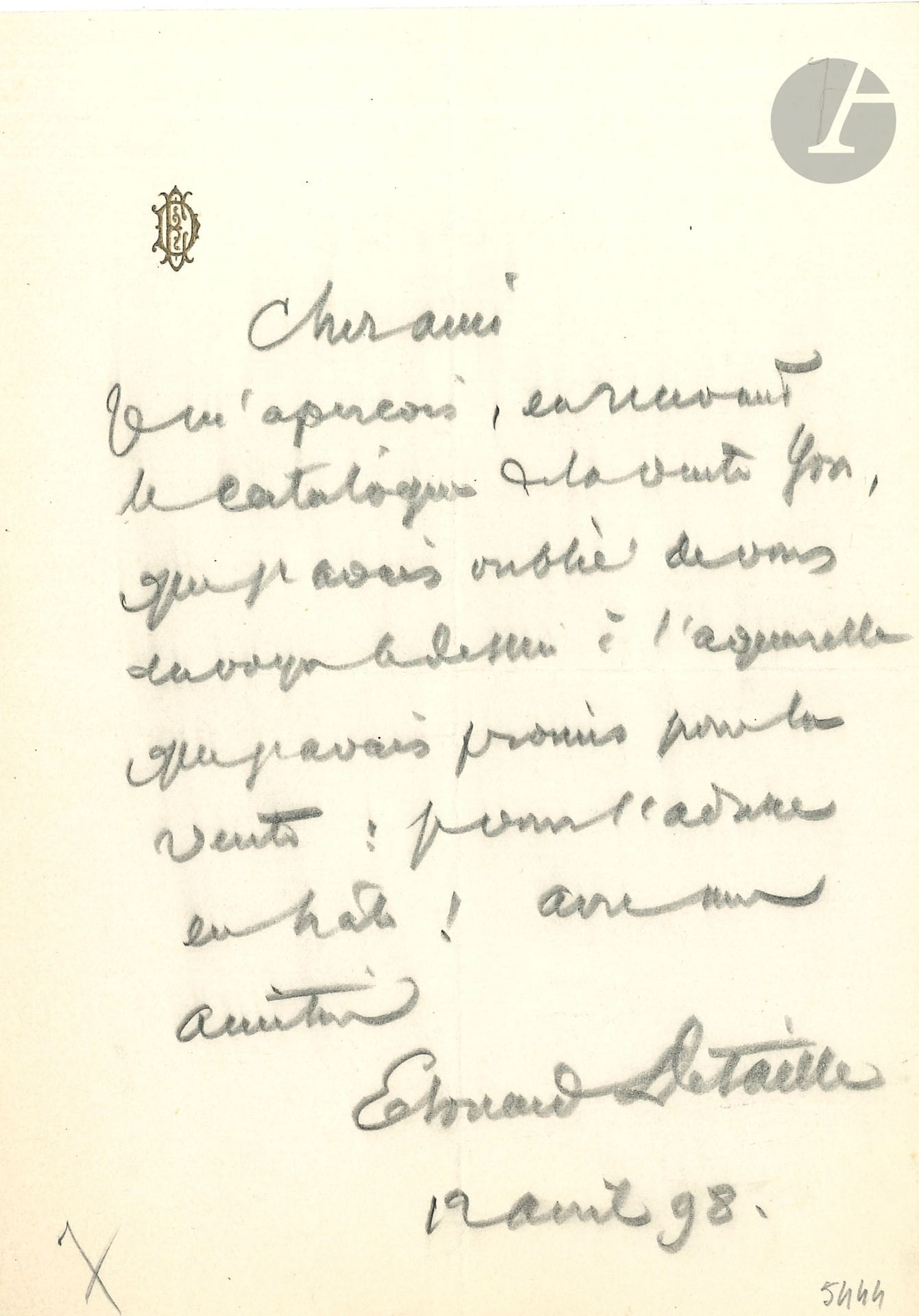 Édouard DETAILLE (1848-1912). L.A.S., 7 mai 1894, à un ami journaliste; 1page in-12 (deuil).
Au sujet de son tableau du Salon [Les Victimes du devoir], «qui n’a pas été commode à faire et que j’ai presque refait en entier à l’Exposition. Enfin ça a marché!»…
On joint 2 autres L.A.S.