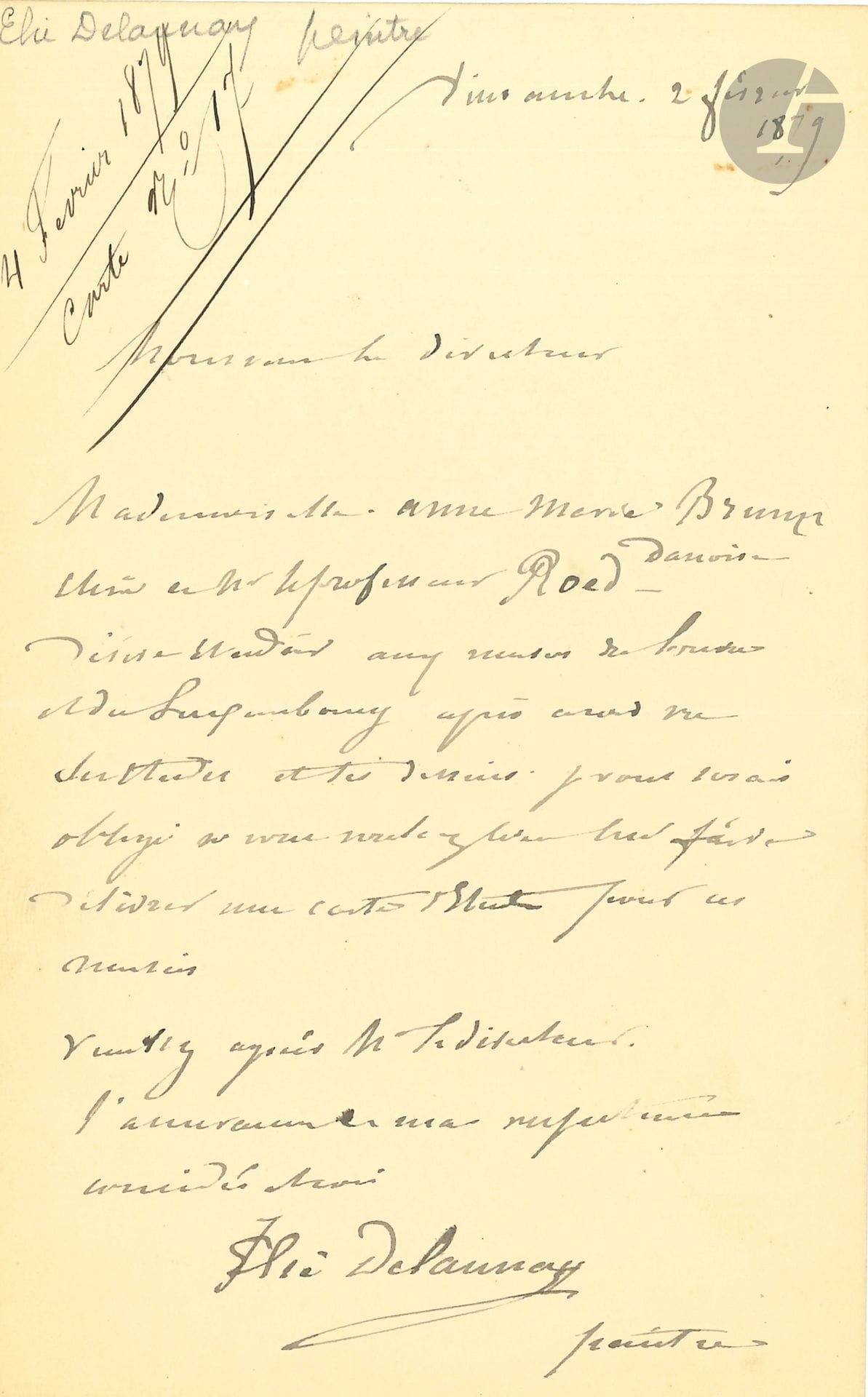 Jules-Élie DELAUNAY (1828-1891). L.A.S., 2 février 1879, à un directeur; 1page in-8.
Recommandation d’une peintre danoise Mlle Anne-Marie Brunyr, élève du professeur Roed, qui désire «étudier aux musées du Louvre et du Luxembourg»….