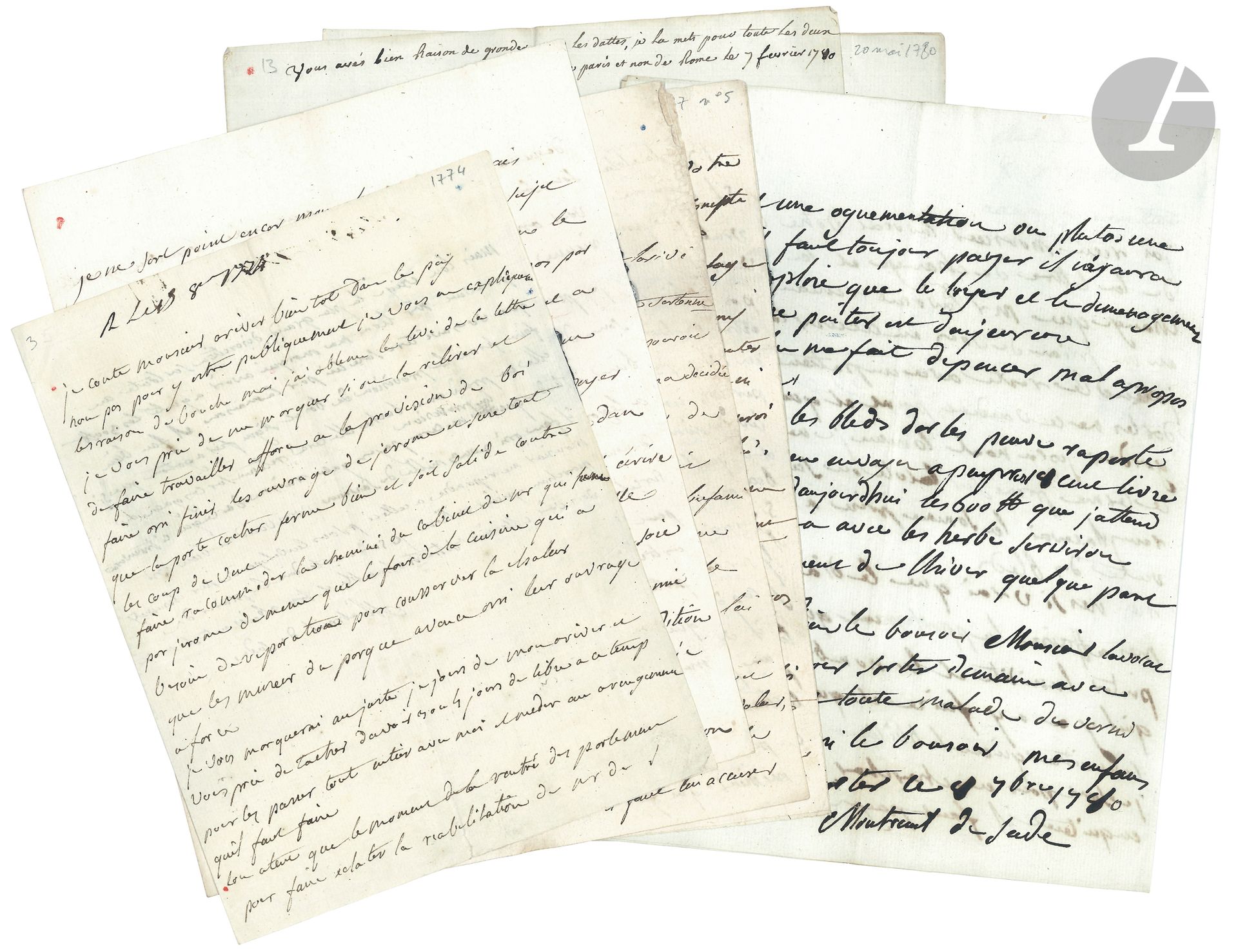 René-Pélagie de Montreuil, marquise de SADE (1741-1810). 6 L.A.S. et 5 L.A., 1774-1798, à Gaspard Gaufridy à Apt; 25pages in-4, 8 adresses avec cachets de cire aux armes brisés (mouillures à quelques lettres).
Intéressante correspondance à son avocat et homme d’affaires.
Octobre 1774. Elle annonce son arrivée prochaine au pays, mais «non pas pour y estre publiquement», et presse les travaux (porte cochère, cheminée du cabinet de Mr…). «Lon atent que le moment de la rentré des parlemens pour faire eclater la reabilitation de Mr de S. Mais lon exige la plus grande discretion»… 
29 avril 1777, au sujet d’un jeune secrétaire, de l’autorisation donnée à Gothon de faire des vers à soie, des travaux… – 4 juin. Elle sait enfin où est Sade, et nourrit un projet de le faire évader… – 1er septembre, au sujet de domestiques.
7 février 1780. Elle accuse réception de la consultation; la moitié de la lettre est écrite par Milli de Rousset (elle signe «Rousset Legoïste») qui se vante d’avoir «des amoureux a linfini»… – 20 mai. Elle a besoin d’argent, mais ne demandera pas un sol à sa mère… – 8 septembre. Le diable se mêle de ses affaires; son appartement est humide et a besoin de réparations; il faut savoir ce que les blés vont rapporter…
1er mai 1787, sur les affaires avec le grand prieur; elle n’a plus d’argent.
11 mai 1789. Elle transmet des demandes de son mari… Elle devient vieille et infirme, et peut à peine marcher. Nouvelles des États généraux et de Mirabeau… «La revolte ici est totalement apaisé mes tout est garni de troupe»; beaucoup de gens meurent de faim…
An VI. 21 brumaire (12 nov. 1797). Sade, n’ayant pas de notaire à Saint-Ouen, va venir à Paris faire la procuration; elle voudrait savoir si l’affaire d’Arles n’est pas préjudiciable à ses enfants. – 21 nivôse (10 juin 1798). Elle remercie d’avoir fait «rompre un marché honereux a Mr de Sade et à ces enfans», sur le bien d’Arles...
On joint 3 autres L.A.S. de la marquise: 16 novembre 1776, à M. Blancard, au sujet d’un cheval; 23 avril 1775, à des cousins, au sujet de leurs affaires; 27 octobre 1783, à son oncle le grand prieur de Sade, sur le départ pour Malte de son fils le chevalier, Gaufridy et La Coste, la Gothon qui pille tout…