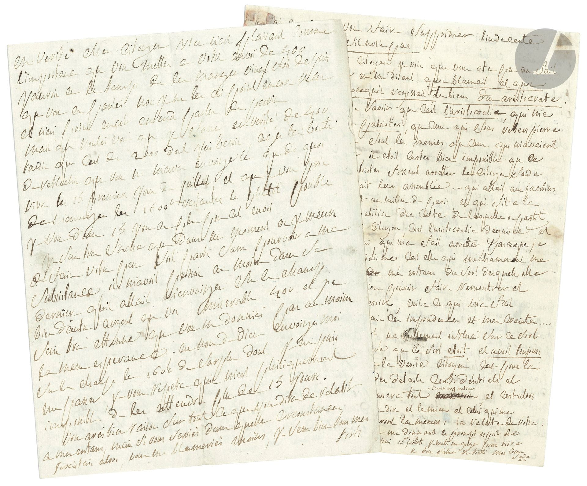 Donatien-Alphonse-François, marquis de SADE. 2L.A.S., [Paris an IV: juin-juillet 1796], au citoyen Charles Gaufridy à Apt; 3 et 2pages in-4, la 1ère avec adresse.
Besoins d’argent, et protestation de ses sentiments révolutionnaires.
24 prairial [12 juin]. Malade, il se plaint de l’envoi de 400 livres, alors qu’il a besoin de 2000… «Je suis tres faché que dans le moment ou je meurs de faim votre père soit parti sans pourvoir a ma subsistance»... Pour les meubles, il ne faut porter à Saumane «que ce qui est bon, il faut vendre le reste et surtout m’envoyer la batterie de cuisine dont je manque absolument ici».  Il répète qu’«il n’est aucune puissance divine ni humaine qui puisse me faire passer de mes 800 par mois […] pendant les 10 ou 12 années de vie qui me restent au plus, et que fallut il gratter la terre avec mes doigts pour me les procurer je le fairois»…
[27 messidor (15 juillet)]. Sade réclame en vain «l’envoi exact et sacré de mes 850 par mois»; il est «sans un sol [...] obligé demprunter ou de mettre en gages pour vivre [...] Je vous prie de croire citoyen que mon fils ose se presenter partout, et partout la tete tres haute, qu’en consequence l’expression dont vous vous serves s’il nose pas venir a Apt, est extremement deplacée»... Le cadet est à Malte «avec permission du gouvernement»... Quant à lui, «je vois que vous etes peu au fait de ce qui me regarde en me disant quon blamait et quon arretait votre pere parcequ’il regissait des biens dun aristocrate. Ayés donc la bonté de savoir que c’est l’aristocratie, qui m’a fait arretter, et non les patriotes, que ceux qui sous Roberspierre mont fait mettre en prison sont les memes que ceux qui m’avaient fait mettre a la Bastille, il etoit certes bien impossible que ce quon appelait alors les patriotes fissent arretter le citoyen Sade qui depuis longtemps presidait leur assemblée. – qui allait aux jacobins qui faisoit l’eloge de Marat au milieu de Paris, et qui fit a la Convention la fameuse petition du culte de laquelle on partit pour tout renverser. Oui Citoyen, cest l’aristocratie deguisée [...] qui mechamment me banda les yeux sur mes enfans, du sort desquels elle etait maîtresse [...] voila ce qui m’a fait commettre des imprudences»...