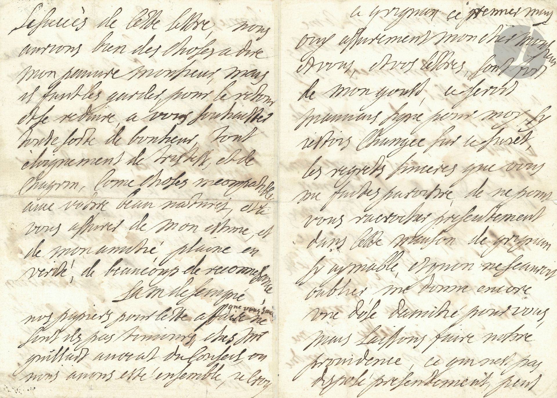 Marie de Rabutin-Chantal, marquise de SÉVIGNÉ (1626-1696). L.A.S. «La m de Sevigné», Grignan 1er mai [1691, à Louis Du Plessis]; 4pages petit in-4.
À l’ancien précepteur de son petit-fils, le marquis de Grignan.
«Ouy assurement mon cher Monsieur et vous, et vos lettres, sont fort de mon goust, ce seroit mauvais signe pour moy, sy jestois changée sur ce sujet, les regrets sinceres que vous me faites paroistre, de ne point vous racrocher presentement dans cette maison de Grignan sy aymable, et quon ne scauroit oublier, me donne encore une dose damitié pour vous, mais laissons faire nostre providence, ce qui nest pas disposé presentement, peut fort bien changer, et come lestime et les bonnes volontes ne sont pas diminuées, il ny a qua laisser faire le temps, ce seroit un joly moyen de le passer doucement»… Elle lui envoie une lettre pour la duchesse de Lesdiguières: si elle «pouvoit vous mettre aupres de son fils, jen serois ravie, mais je ne lespere point, cette place est trop solicitée pour nestre pas desja donnée au moins, in petto, je me serois beaucoup plus etandue sur vostre merite, et vos bonnes qualits, mais je la connois, et je scay quelle sarme contre lexces des louanges, come si elle croyoit quon voulut la surprendre par des discours affects, sy quelque chose la peut toucher, cest davoir gouverné le marquis de Grignan, avec lamitié et laprobation de toute sa famille, et den avoir fait un sy joly garçon, qui a la reputation destre sy sage, voila ce qui la peut toucher, en attandant quelle vous connesse par elle mesme»... 
Elle aurait encore bien des choses à lui dire, «mais il faut les garder pour le retour et se reduire a vous souhaitter toute sorte de bonheur, tout éloignement de tristesse, et de chagrin, come choses incompatibles avec vostre beau naturel, et a vous assurer de mon estime, et de mon amitié, plaine en vérité, de beaucoup de reconnoissance».
Un post-scriptum évoque une affaire chez M. Guillart, avocat du Conseil [les dernières lignes de ce post-scriptum, sur un feuillet séparé, manquent].
Ancienne collection Alfred Morrison (vol. VI, p.110-111).
Correspondance (Bibl. de la Pléiade), t.III, n°1245, p.961-962.