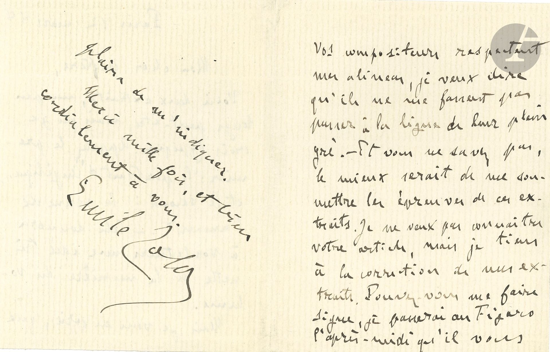 Émile ZOLA. L.A.S., Paris 12 mars 1888, à un «cher confrère» [Charles Chincholle, du Figaro]; 3pages in-12.
Au sujet du roman Le Rêve.
«Voici deux extraits, un peu longs peut-être, mais que je crois typiques. Appelez le premier: “Le portrait d’Angélique”, et le second: “La venue de l’amant”. – Cela donnera à vos lecteurs une idée très nette de la manière du volume. Mais, je vous en prie, que vos compositeurs respectent mes alinéas, je veux dire qu’ils ne me fassent pas passer à la ligne de leur plein gré. [...] le mieux serait de me soumettre les épreuves de ces extraits. Je ne veux pas connaître votre article, mais je tiens à la correction de mes extraits»...