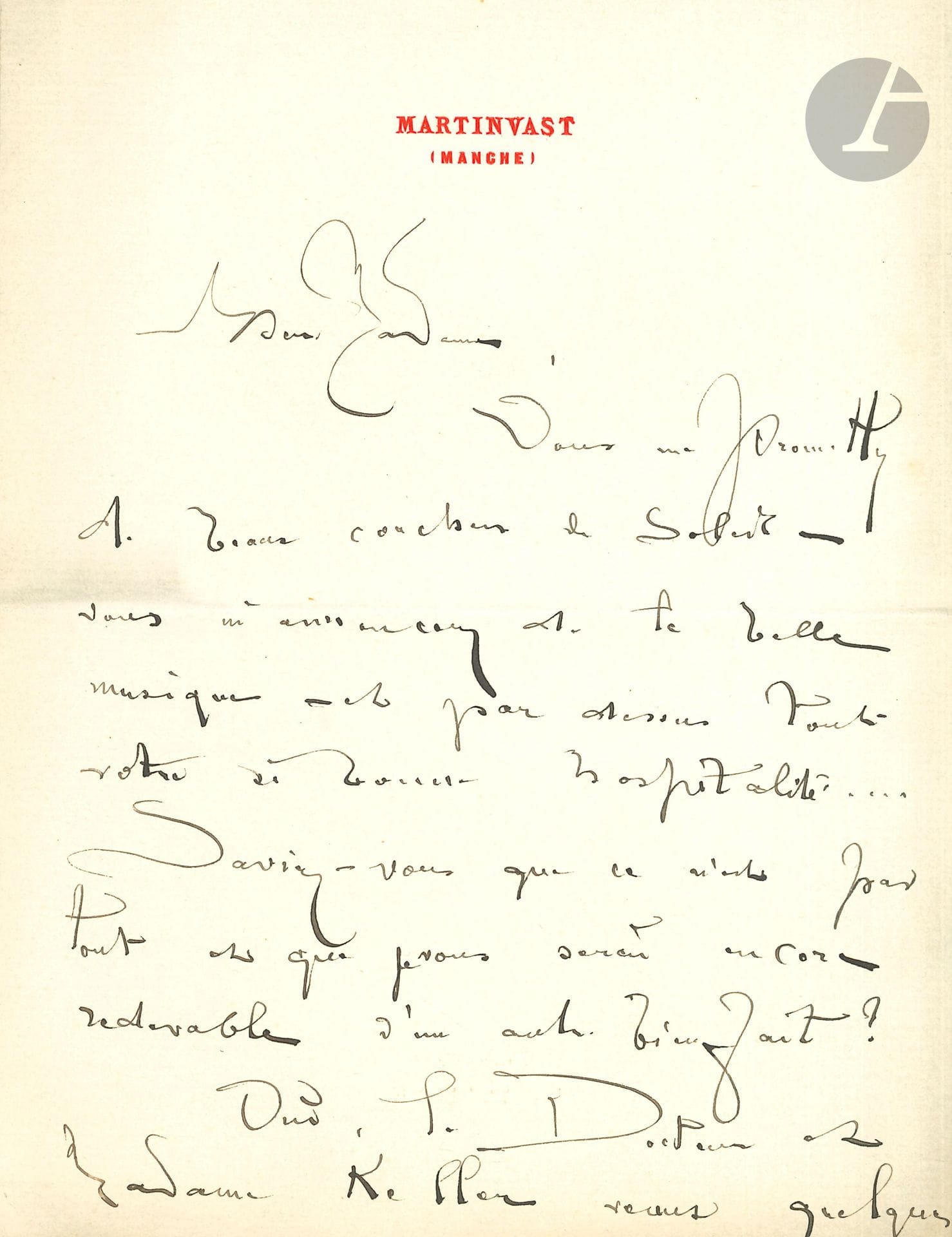 Lucien LÉVY-DHURMER (1865-1953). 2 L.A.S., 1909 et s.d., à Mme Henri Cazalis; 4pages in-8.
Martinvast. «Vous me promettez de beaux couchers de soleil – vous m’annoncez de la belle musique – et par-dessus tout votre si bonne hospitalité». Le Dr et Mme Keller lui ont pris une Pandore; ils sont charmants «à cause du mal que vous dites de moi… aussi je vous gronde, chère Madame, vous et mon ami Jean Lahor»… – Juillet 1909 (après la mort du Dr Cazalis), il lui dit sa «réelle peine» et son souvenir ému: «Jean Lahor fit beaucoup pour moi – et cela ne s’effacera jamais»…