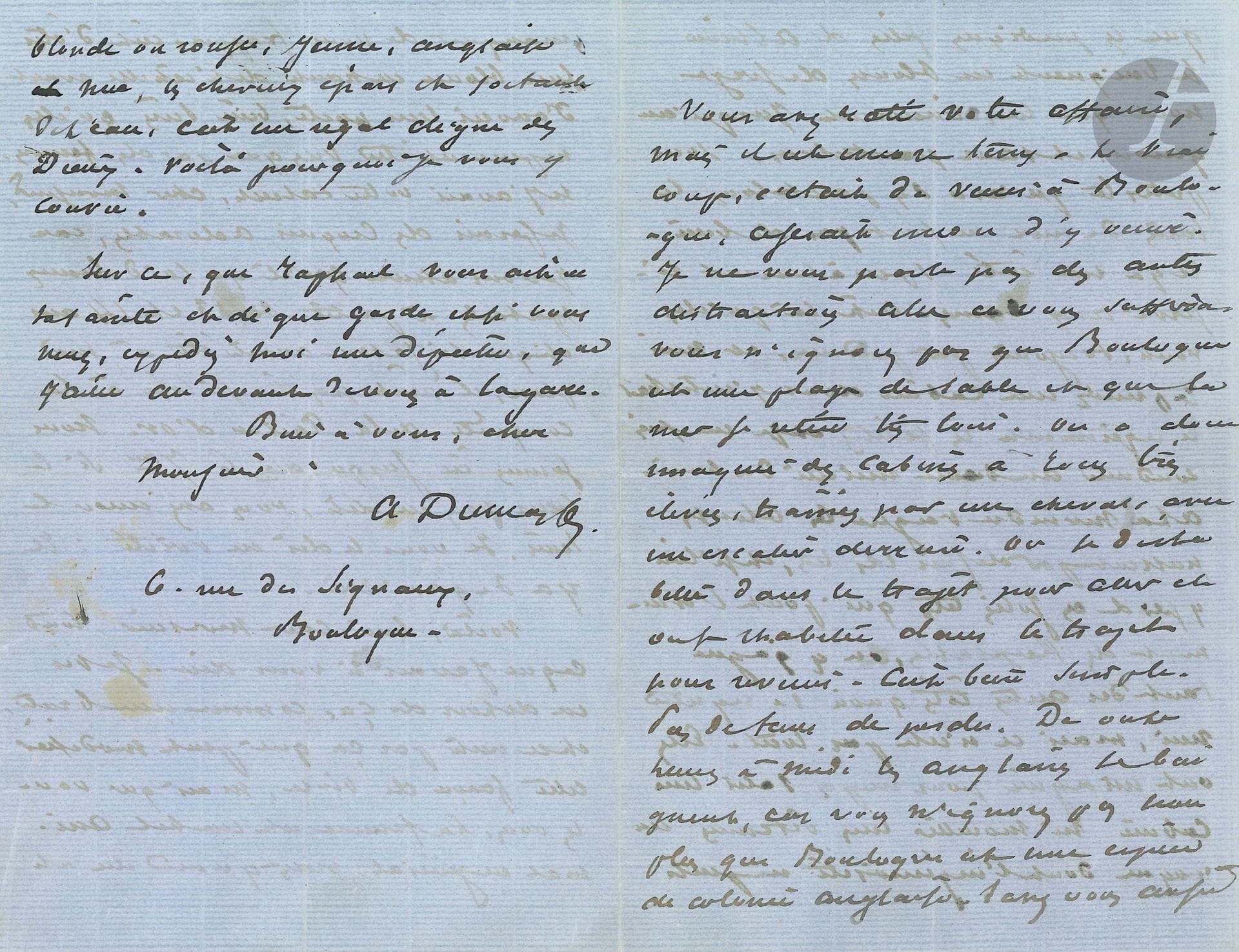 Alexandre DUMAS fils (1824-1895). L.A.S., Boulogne-sur-mer, à un ami peintre; 3pages et demie in-8 sur papier bleu.
Sur les bains de mer à Boulogne.
Avec beaucoup d’humour, Dumas raconte les bains de mer à Boulogne, les Anglaises qui se baignent sans pantalon et qu’il va épier en entrebâillant les fenêtres de sa cabine; le spectacle est d’autant plus intéressant que pour ne pas mouiller leurs cabines, elles se déshabillent avant d’y rentrer après le bain. Il conseille à son ami de venir faire «des croquis adorables, car je vous assure qu’il y a là de beaux spectacles à partir de 13 et 14 ans [...] La femme est un bel animal en général, mais quand elle est blonde ou rousse, jeune, anglaise et nue, les cheveux épars et sortant de l’eau, c’est un régal digne des Dieux»...
On joint une L.A.S. à une dame qu’il ira voir jeudi après l’Académie (2p. in-12).