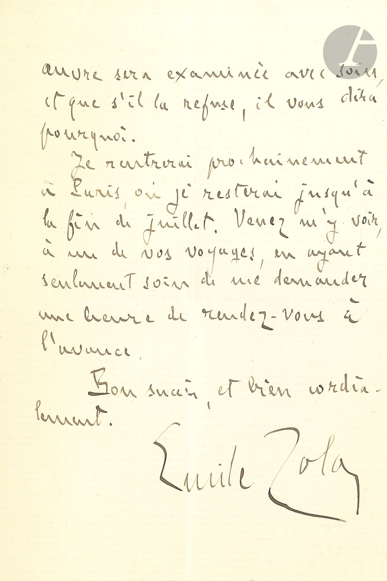 Émile ZOLA. L.A.S., Médan April 18, 1900; 2pages in-8.
He is "in the country, a little ill, and I think the best thing is for you to take your manuscript to Fasquelle right away. You'll find him in the morning around eleven [...] Just explain your case to him, he'll read it and make a decision. I don't promise to make him take your work, because I've never weighed on anyone's conscience. But I assure you that your work will be carefully examined, and if he refuses it, he will tell you why"...