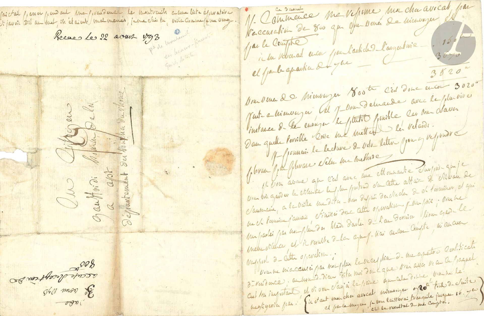 Donatien-Alphonse-François, Marquis de SADE. L.A., [Paris] August 3 [1793], to Gaspard Gaufridy "man of law" in Apt; 3 pages and a quarter in-4, address (small tear from broken seal).
On his attitude during the Revolution and his action in the Section des Piques.
After examining the state of his accounts and calculating what Gaufridy still has to send him, he urges him to complete the affair of the sale of Saumane and Arles wheat. He also worries about the certificates of residence he has sent. "N'oubliés surtout quand vous m'enverrez des assignats de ne plus en envoyer a la face du cidevant Louis 16 car il y a un decret formel qui les interdit, et ils n'ont plus absolument aucun espece de cours. N'envoyés plus jamais que des republicains"... 
Sade goes on to talk about the complaint he had made to the Minister of the Interior, Roland, about the looting of his Château de La Coste: "It's all going very slowly, here he is, himself indicted, obliged to justify himself [...] it seems to me that you don't see well in the provinces about the Bastille; here it's a great honor to have been there, you boast about it, you print it, and it earns you a kind of consideration".
He begs Gaufridy to send him some money: "I'm ruined, I've given up, I'm spitting blood; I told you I was president of my Section, my outfit has been so stormy I can't take it anymore. Yesterday, after having to cover myself twice, I was forced to leave the chair to my vice-president. They wanted to make me vote for a horror, an inhumanity. I never wanted to; thank God I'm free of it".
About his in-laws, he adds: "During my presidency, I put the Montreuils on a purge list. If I'd said a word, they'd have been badly behaved, so I kept quiet, and this is how I get even.
Correspondence (Lély), CCXXX (excerpt).