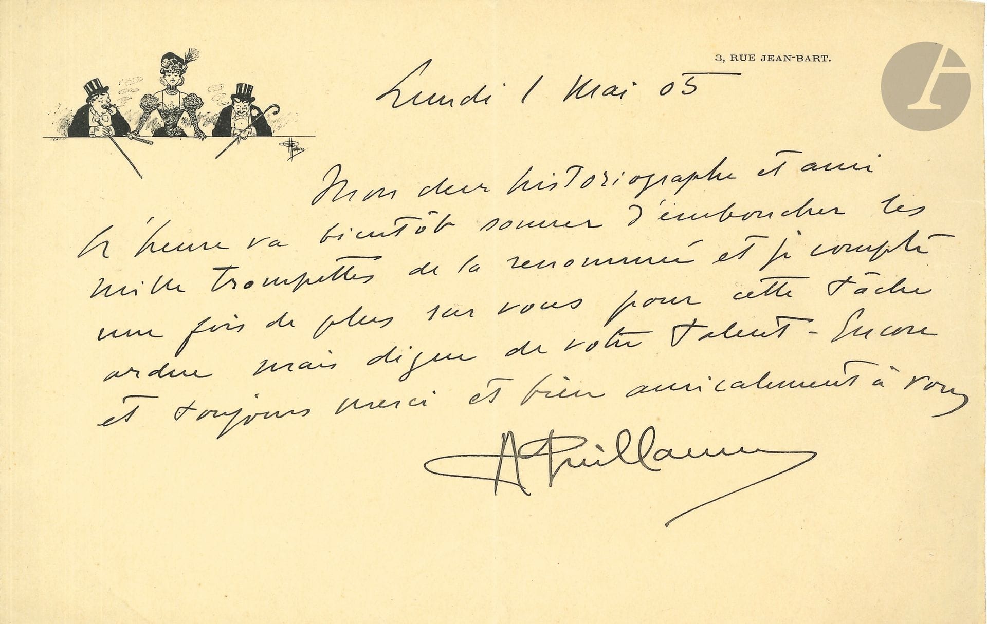 Albert GUILLAUME (1873-1942). 4 L.A.S., 1905-1932; 3pages in-12, et 1page in-8 avec vignette.  11 mars et 1er mai 1905, à Jérôme Doucet, au sujet de son article sur Guillaume. – Les Petits-Ponts 26 nov. 1931 et 14 fév. 1932 (au dos de cartes postales représentant sa maison), au sujet d’un portrait à exposer chez Charpentier.
