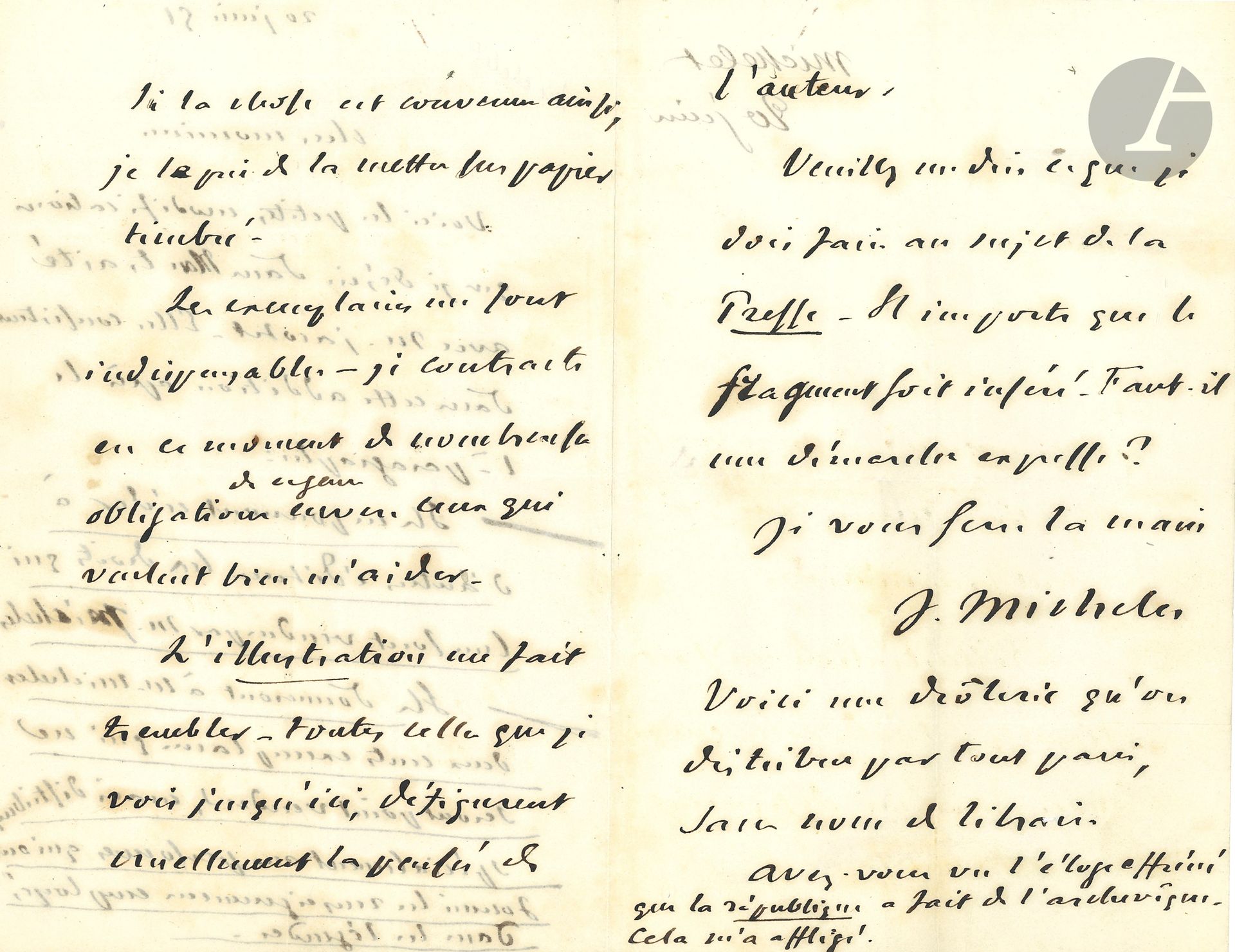 Jules MICHELET (1798-1874). L.A.S., June 20, 1851; 3pages in-8.
About his Histoire de la Révolution. 
He sends a modification to the treaty to obtain copies for people willing to help him. Then he talks about the illustration: "The illustration makes me tremble - all those I see so far, cruelly disfigure the author's thought". A fragment should be inserted in La Presse...