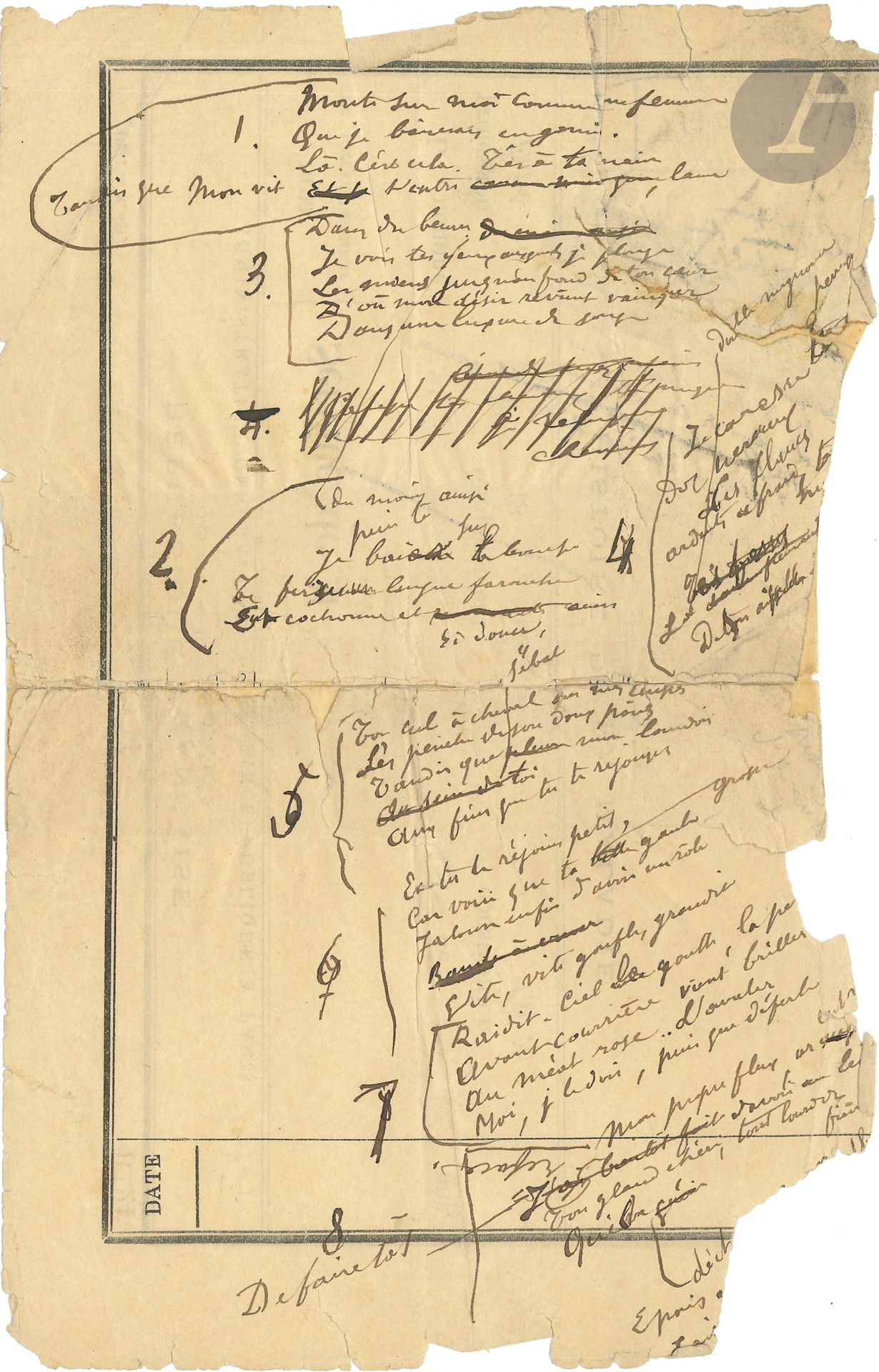 Paul VERLAINE (1844-1896). Poème autographe, [Hombres, VII, vers 1891]; 1page et quart in-8 sur papier administratif de l’Assistance publique (fentes réparées au dos au papier gommé, bord déchiré avec perte de quelques fins de vers).
Brouillon d’un poème érotique, pièce VII du recueil érotique posthume Hombres (imprimé sous le manteau [1903]). Il se compose de dix quatrains, numérotés (avec changements) sauf les deux derniers écrits au verso. Première ébauche écrite en tous sens par Verlaine sur son lit d’hôpital, avec de nombreuses ratures et corrections.
«Monte sur moi comme une femme
Que je baiserais en gamin
Là. C’est cela. T’es à ta main
[Et je rayé] Tandis que mon vit t’entre [comme unique rayé], lame»…
