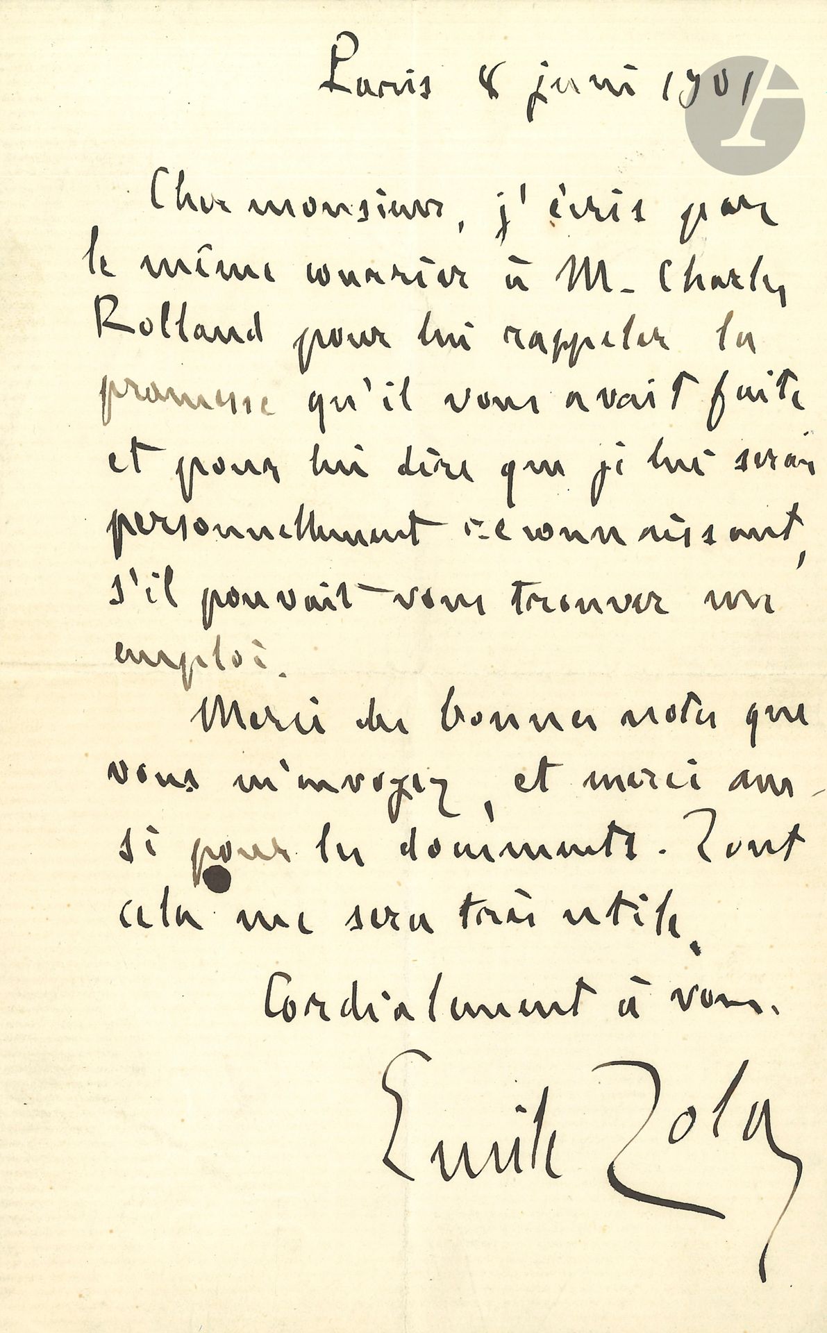 Émile ZOLA. L.A.S., Médan 30 juin 1901, à Jules Claretie; 1page et demie in-8.
Il lui recommande «un de vos justiciables, M. Pierre Bouthors, qui va concourir pour le prix de comédie, le 24 juillet. L’année dernière, il a obtenu un deuxième accessit; et il s’agit pour lui, cette année, la dernière, de vaincre, en obtenant une récompense plus haute. Je lui trouve du talent, et j’ai voulu simplement appeler sur lui votre bienveillante attention. Sans doute, le mérite l’emporte toujours; mais il n’est pas mauvais d’aider la fortune. Enfin, je vous sais plein de bienveillance dans votre équité»...
On joint une L.A.S., 8 juin 1901, concernant une recommandation pour un emploi auprès de Charles Rolland (1p. in-8).